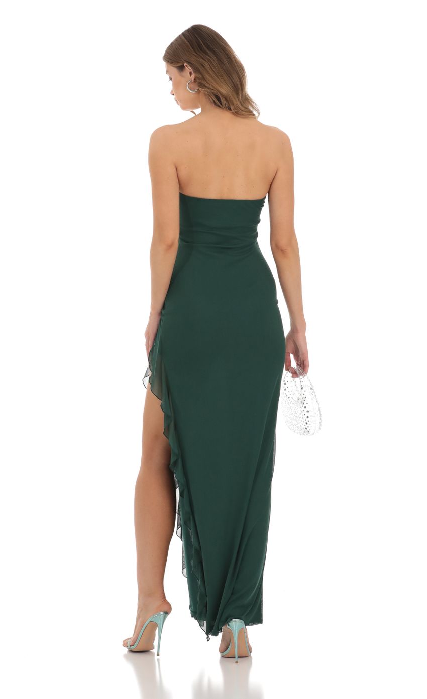 Picture Mesh Ruffle Slit Dress in Green. Source: https://media-img.lucyinthesky.com/data/Nov23/850xAUTO/0e846064-f56d-450a-8e46-eba56c46da11.jpg