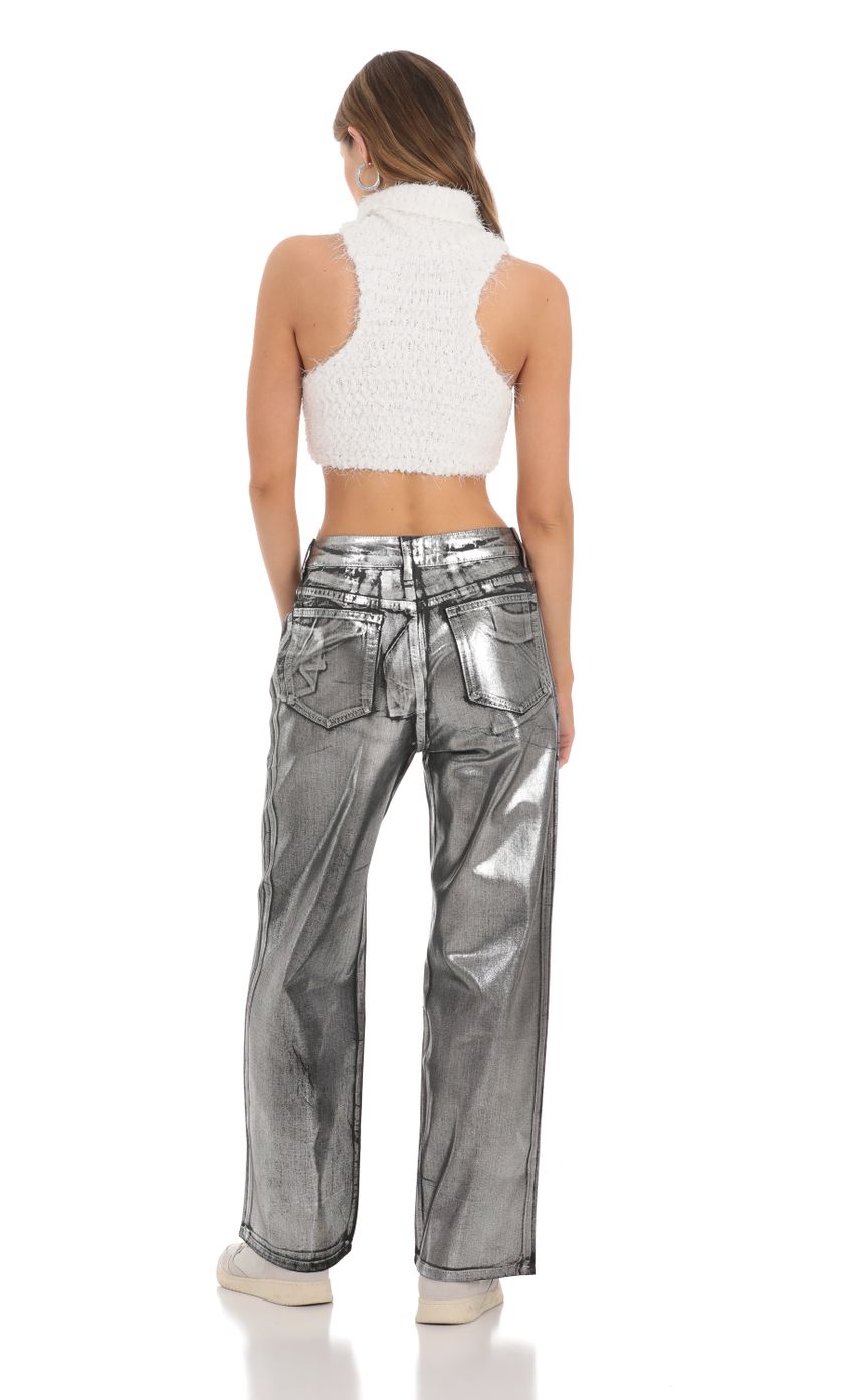 Picture Metallic Foiled Black Jeans in Silver. Source: https://media-img.lucyinthesky.com/data/Nov23/850xAUTO/146e2aa1-6e35-4cb4-8042-ba1f35524258.jpg