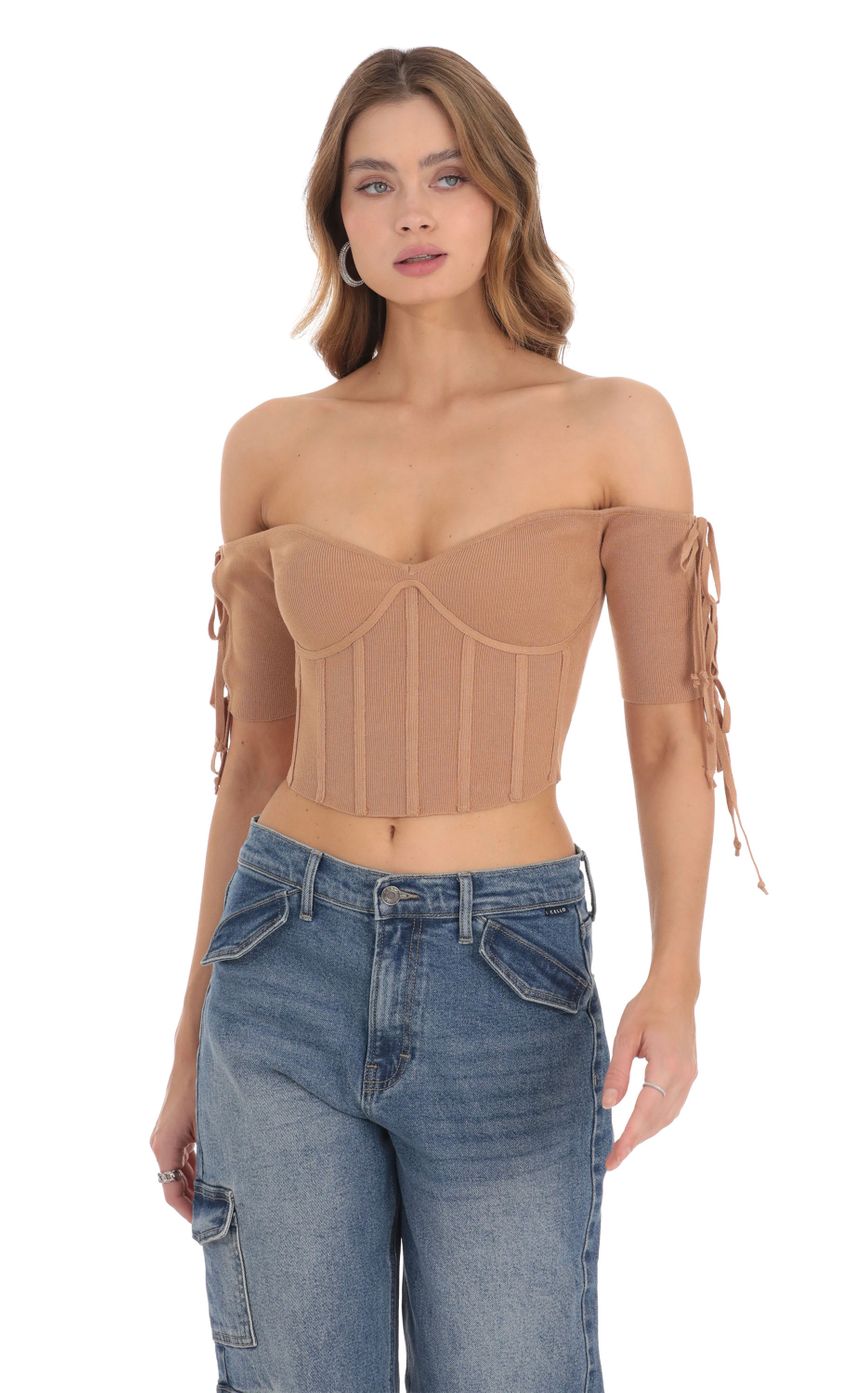 Picture Ribbed Off Shoulder Corset Top in Brown. Source: https://media-img.lucyinthesky.com/data/Nov23/850xAUTO/1573a445-5264-4e33-a4ac-cb36b4ed9292.jpg