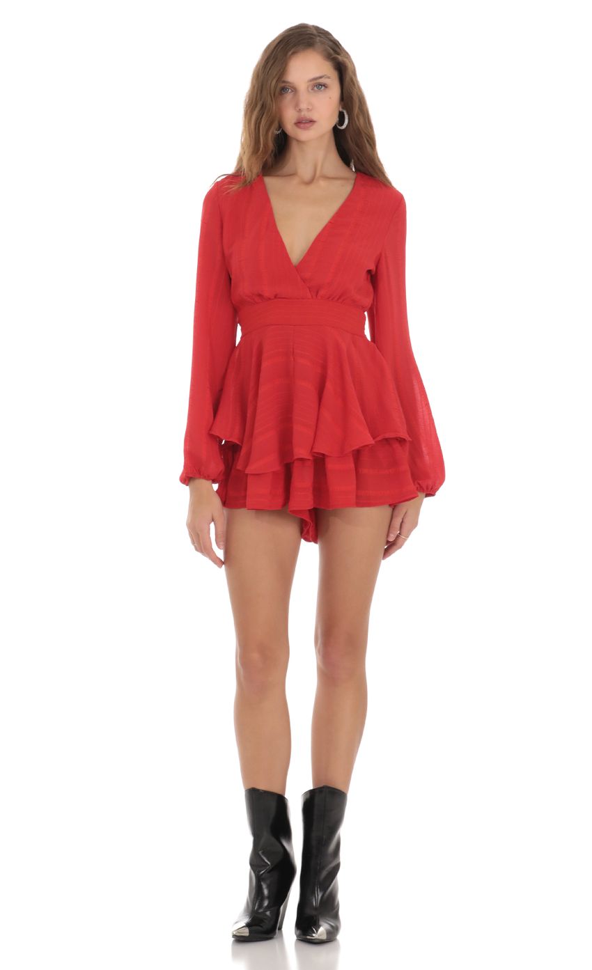Picture Long Sleeve Wrap Romper in Red. Source: https://media-img.lucyinthesky.com/data/Nov23/850xAUTO/163441b2-e7bf-443f-a52f-1c141a2d9954.jpg