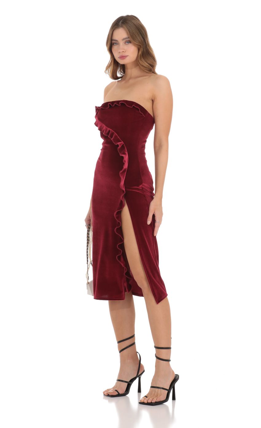 Picture Ruffle Velvet Strapless Midi Dress in Maroon. Source: https://media-img.lucyinthesky.com/data/Nov23/850xAUTO/16a2582a-dd2a-49d7-bd25-07834f7967da.jpg