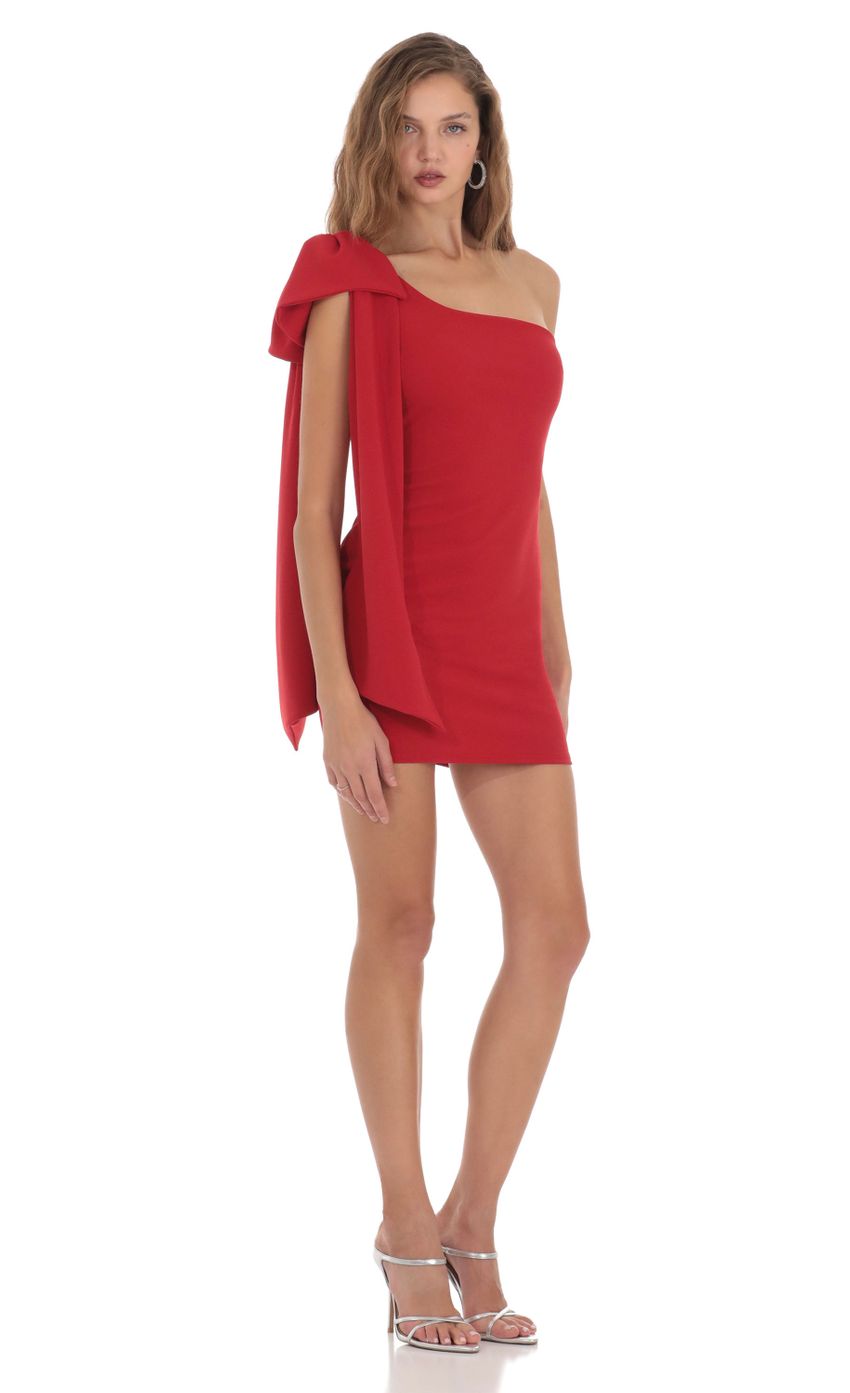 Picture One Shoulder Bow Tie Dress in Red. Source: https://media-img.lucyinthesky.com/data/Nov23/850xAUTO/1746063c-ed99-499a-8384-1a9796efed7e.jpg