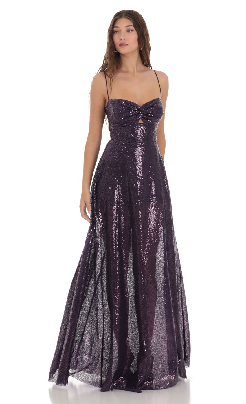 Picture Twist Sequin Back Tie Dress in Purple. Source: https://media-img.lucyinthesky.com/data/Nov23/850xAUTO/183e0bfb-5b70-48ab-bca6-0a2fc1b9ca59.jpg
