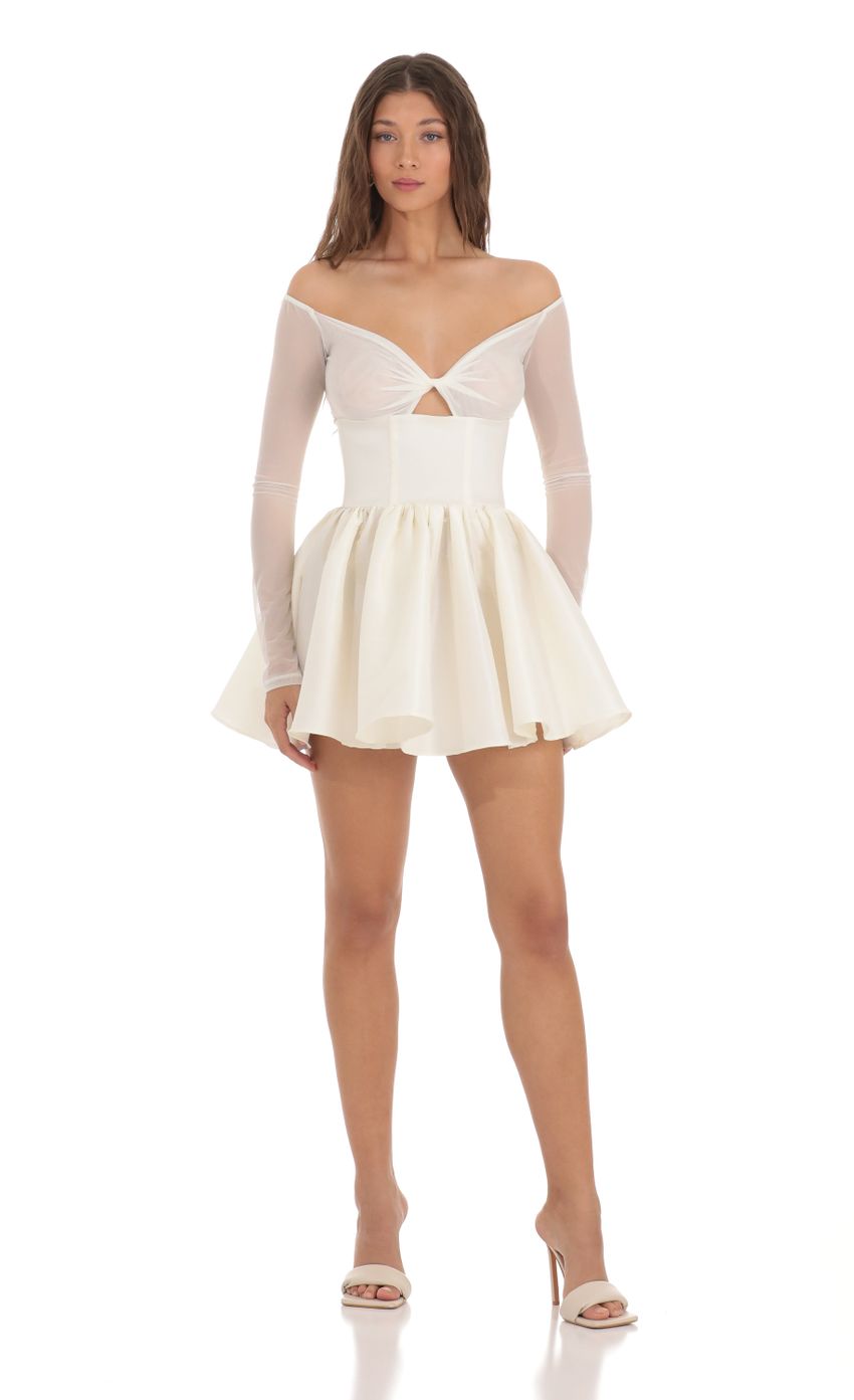 Picture Off Shoulder Mesh Twist Cutout Flair Dress in White. Source: https://media-img.lucyinthesky.com/data/Nov23/850xAUTO/1945c4b1-b5f4-40e5-ab00-10e3a3bf72d0.jpg