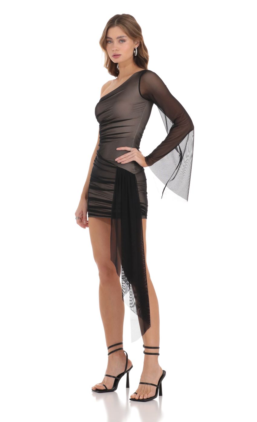Picture One Shoulder Mesh Tassel Dress in Black. Source: https://media-img.lucyinthesky.com/data/Nov23/850xAUTO/1a3d3da2-449a-42b8-85e3-b0d7b76e8fa1.jpg