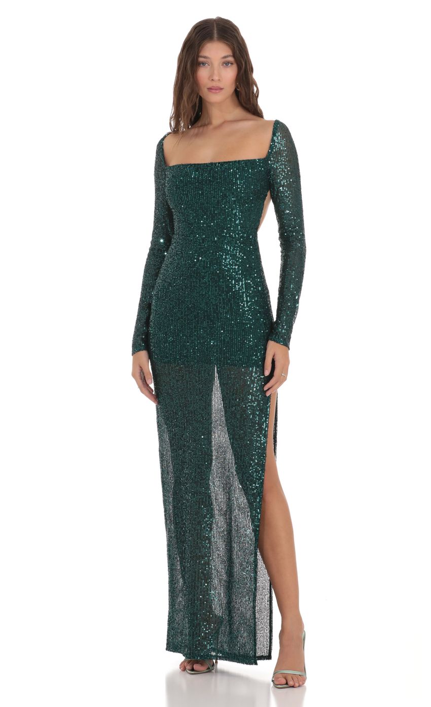 Picture Sequin Open Back Dress in Green. Source: https://media-img.lucyinthesky.com/data/Nov23/850xAUTO/1af2449e-3869-4d32-ab66-a1570b19458b.jpg