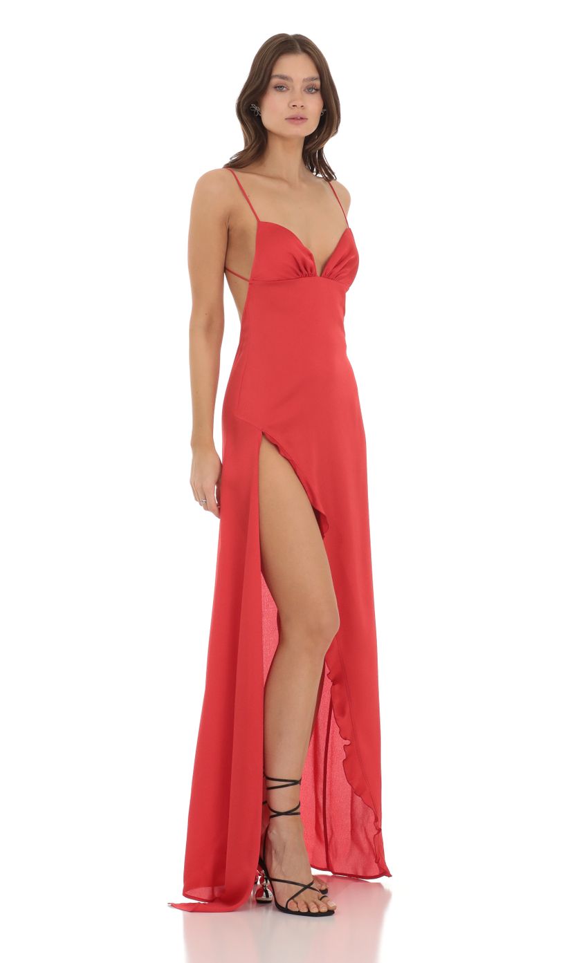 Picture Satin Ruffle Slit Maxi Dress in Red. Source: https://media-img.lucyinthesky.com/data/Nov23/850xAUTO/1b3c5fcf-553d-44ee-9814-88e45ad16c85.jpg