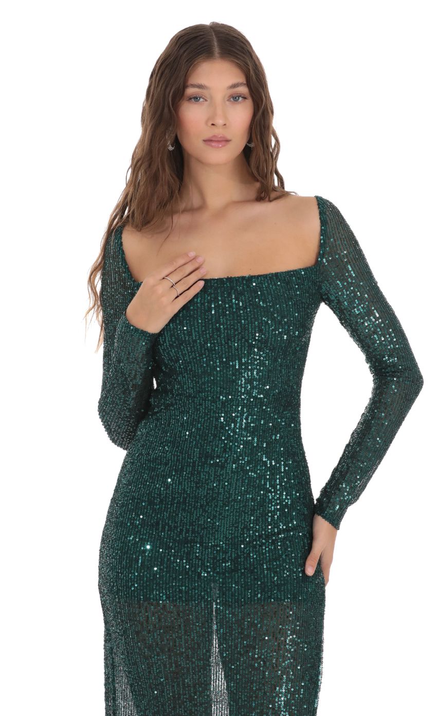 Picture Sequin Open Back Dress in Green. Source: https://media-img.lucyinthesky.com/data/Nov23/850xAUTO/2d225ef2-2742-4f70-9e4f-b84bf9cee4c7.jpg