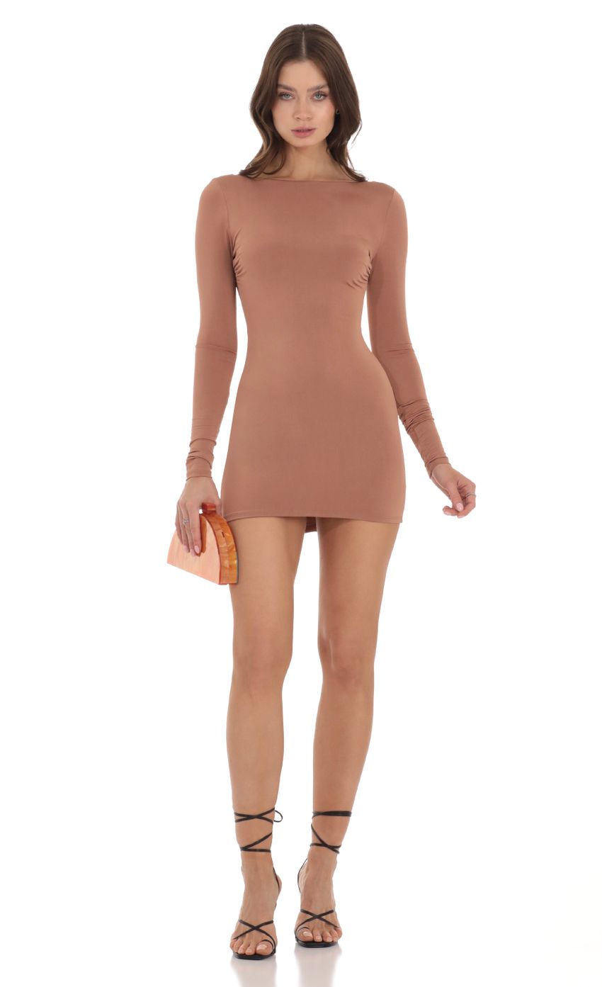 Picture Cerelia Open Back Dress in Light Brown. Source: https://media-img.lucyinthesky.com/data/Nov23/850xAUTO/31c14ebf-1be5-4a77-b0cc-ffc332594804.jpg