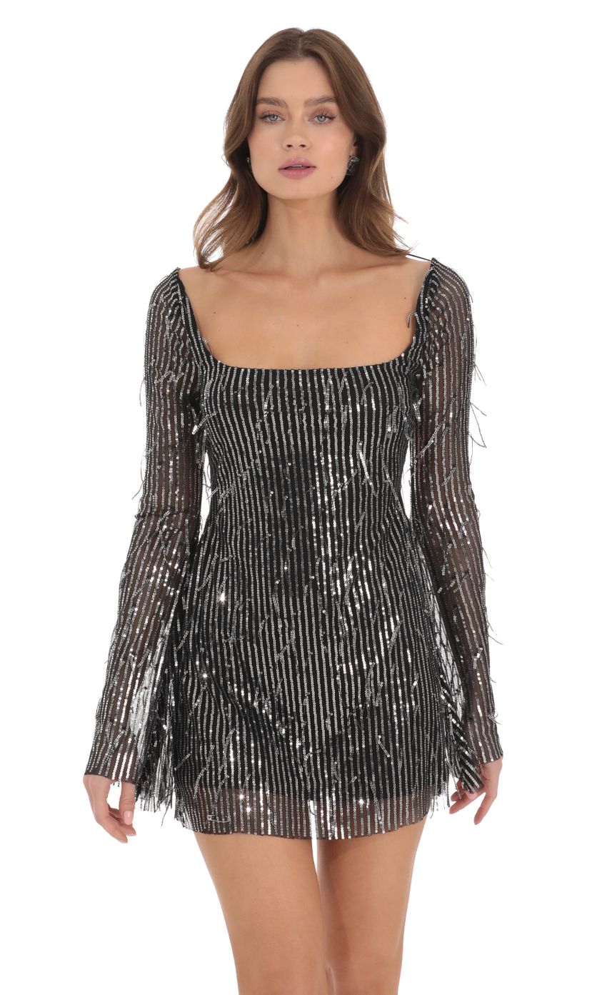Picture Fringe Silver Sequin Dress in Black. Source: https://media-img.lucyinthesky.com/data/Nov23/850xAUTO/348f15dc-e9c9-48cb-b7b3-4f20ac02bf11.jpg
