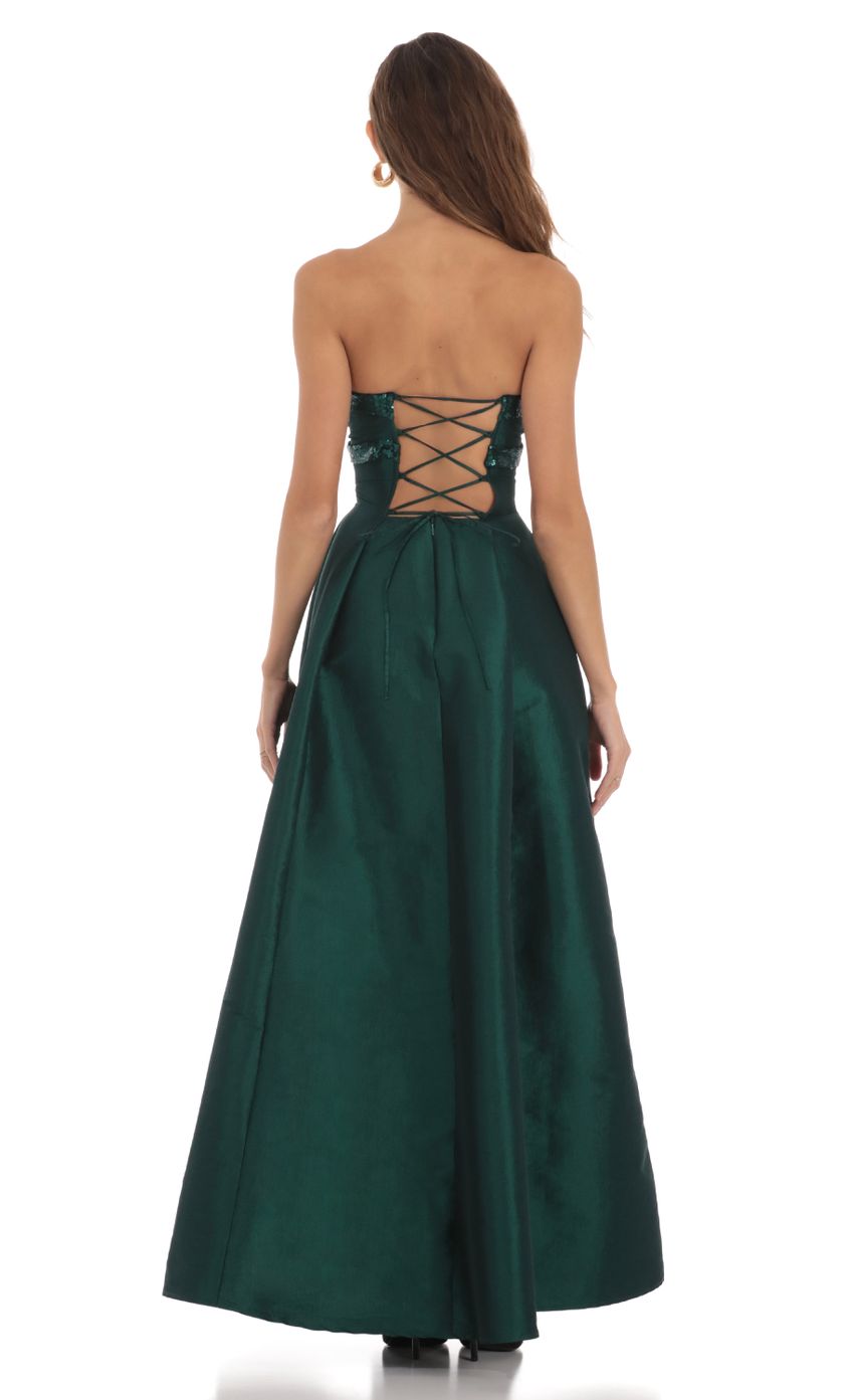 Picture Sequin Draped Strapless Maxi Dress in Green. Source: https://media-img.lucyinthesky.com/data/Nov23/850xAUTO/3da5b158-8867-4cd2-8200-9c3d9bfd6a06.jpg