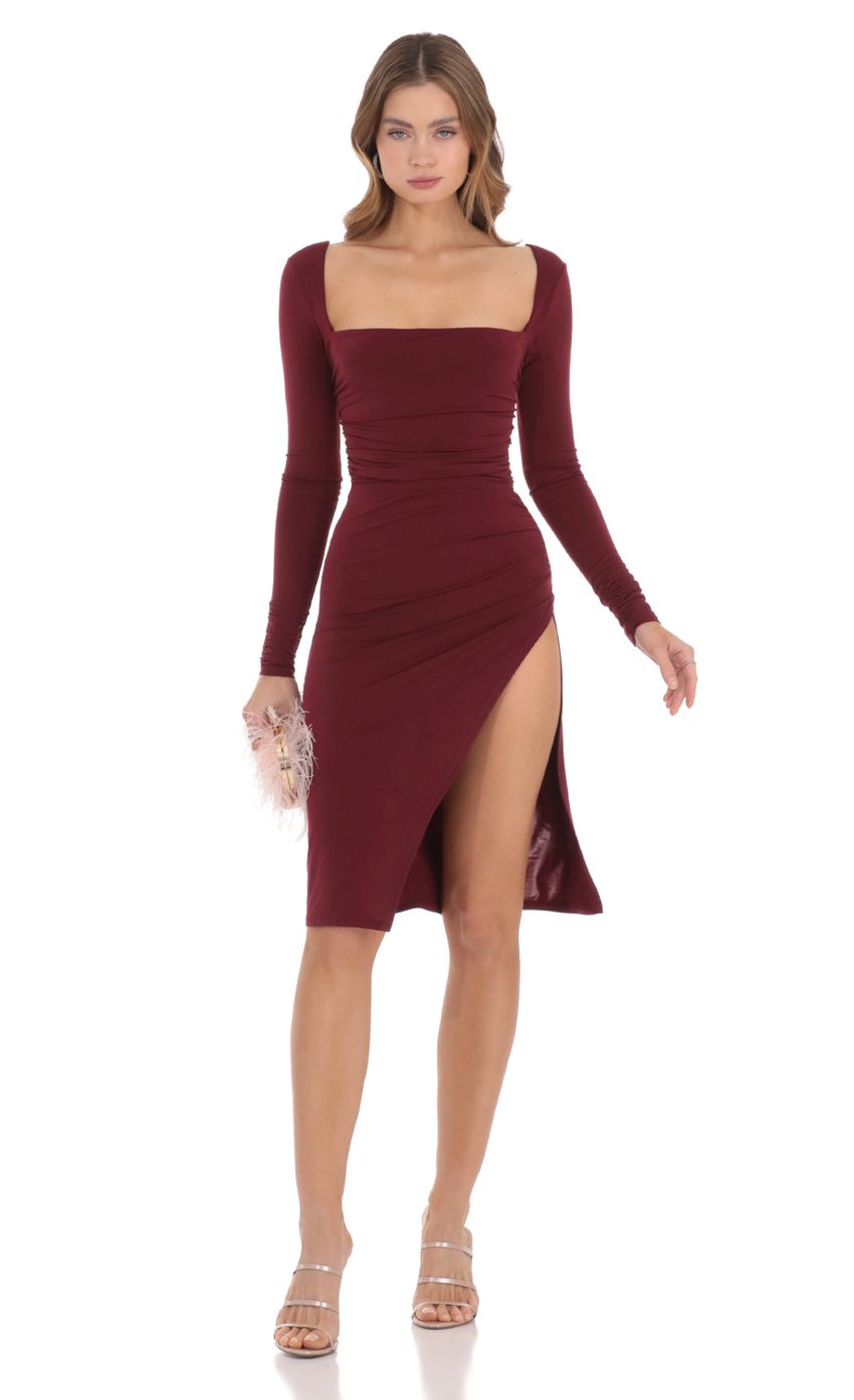 Picture Long Sleeve Open Back Midi Dress in Maroon. Source: https://media-img.lucyinthesky.com/data/Nov23/850xAUTO/406c67f7-921e-4a73-8e8d-8017d1b36c61.jpg