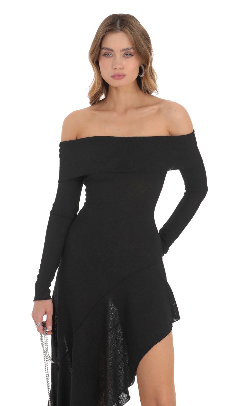 Picture Knitted Off Shoulder Dress in Black. Source: https://media-img.lucyinthesky.com/data/Nov23/850xAUTO/417c2090-9bc7-45db-bb4c-d32b9adaea86.jpg