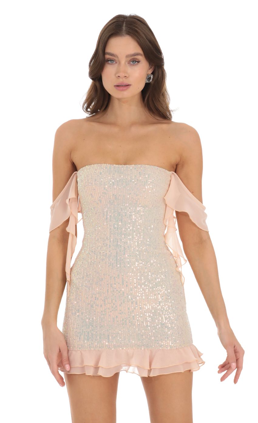 Picture Iridescent Sequin Off Shoulder Dress in Champagne. Source: https://media-img.lucyinthesky.com/data/Nov23/850xAUTO/453f357d-5e07-4835-adbe-6f0bbb94f70d.jpg