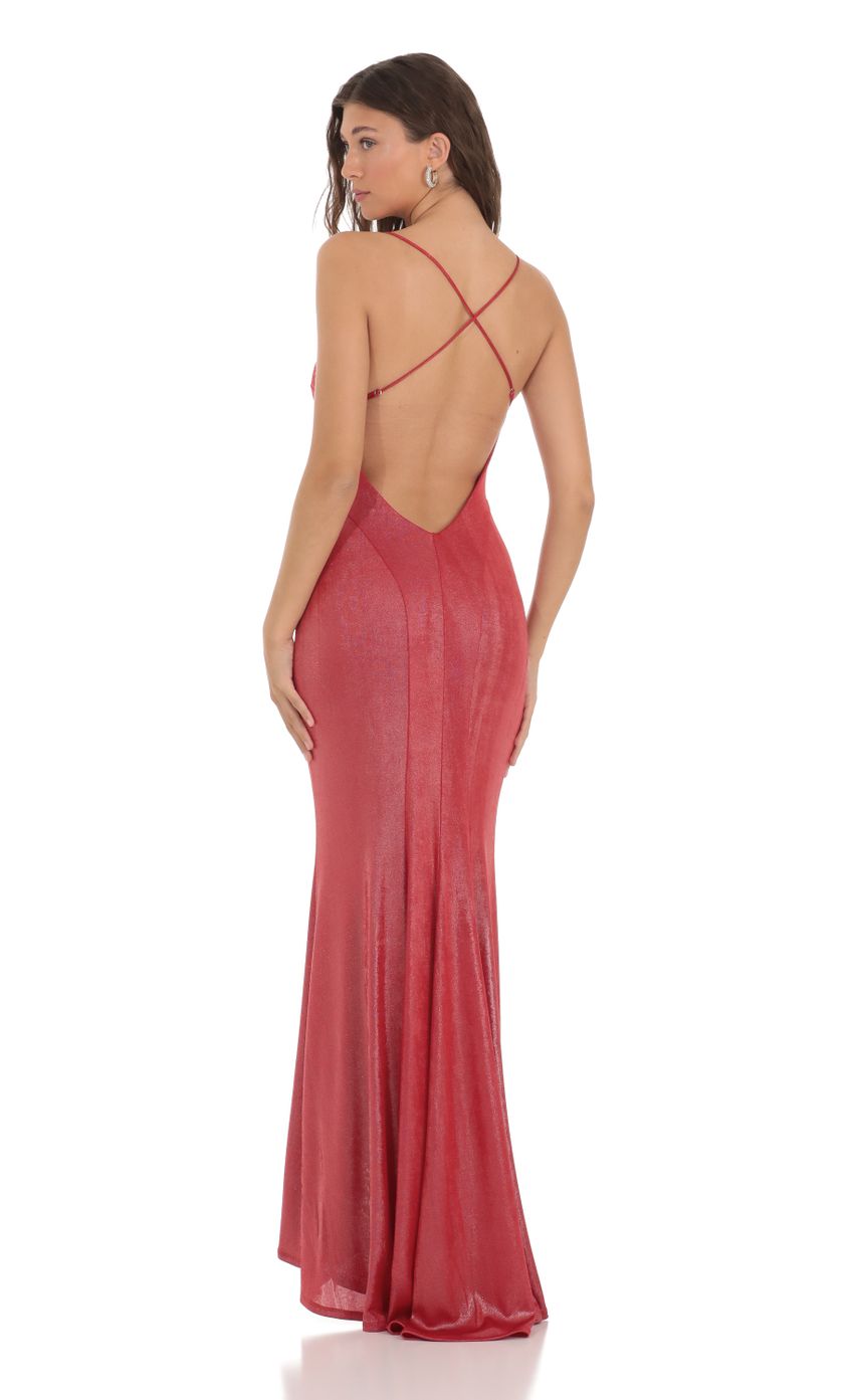 Picture Shimmer Open Back Maxi Dress in Red. Source: https://media-img.lucyinthesky.com/data/Nov23/850xAUTO/4ae2ed0a-458f-437a-b628-5006f427f955.jpg