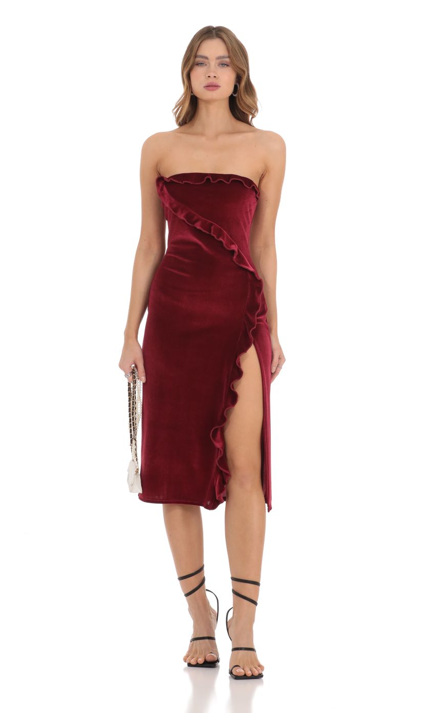 Picture Ruffle Velvet Strapless Midi Dress in Maroon. Source: https://media-img.lucyinthesky.com/data/Nov23/850xAUTO/5333a46c-5b8b-454c-b82f-13cfe0daa88c.jpg