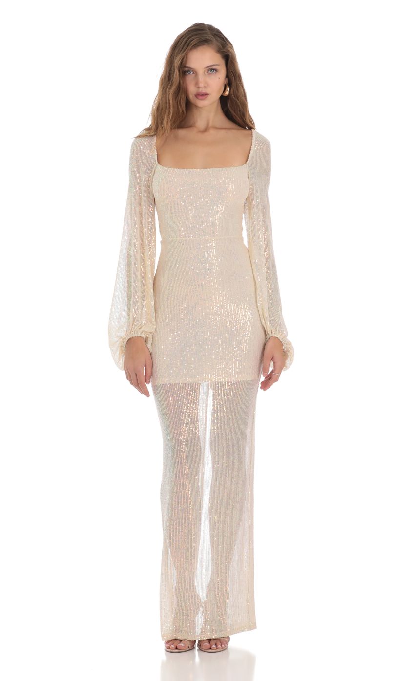 Picture Tiarra Iridescent Sequin Long Sleeve Dress in Champagne. Source: https://media-img.lucyinthesky.com/data/Nov23/850xAUTO/57698a12-87de-4489-8d32-d7668993c55c.jpg
