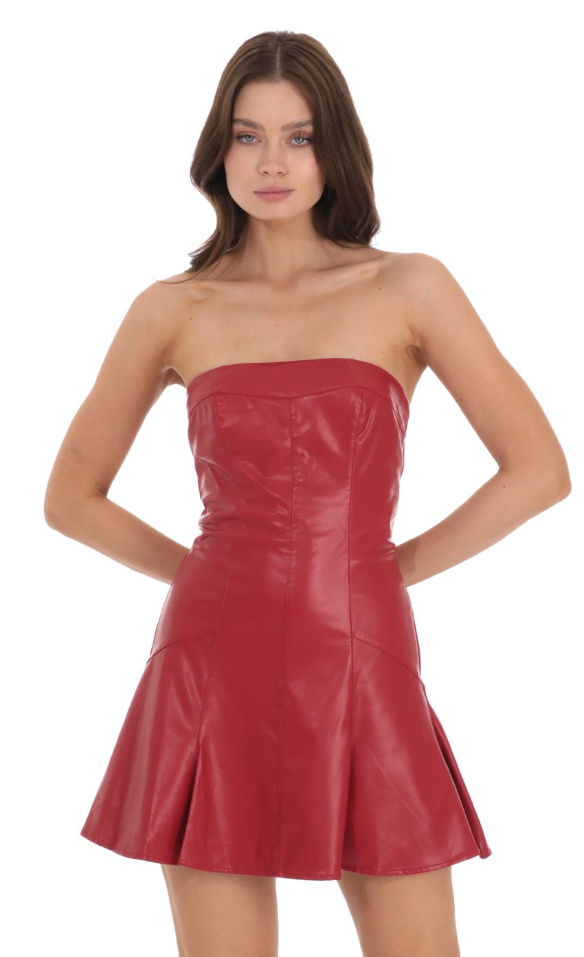Picture Pleather Strapless Flare Dress in Red. Source: https://media-img.lucyinthesky.com/data/Nov23/850xAUTO/5b691348-c1f5-4e74-92df-e38bada70642.jpg