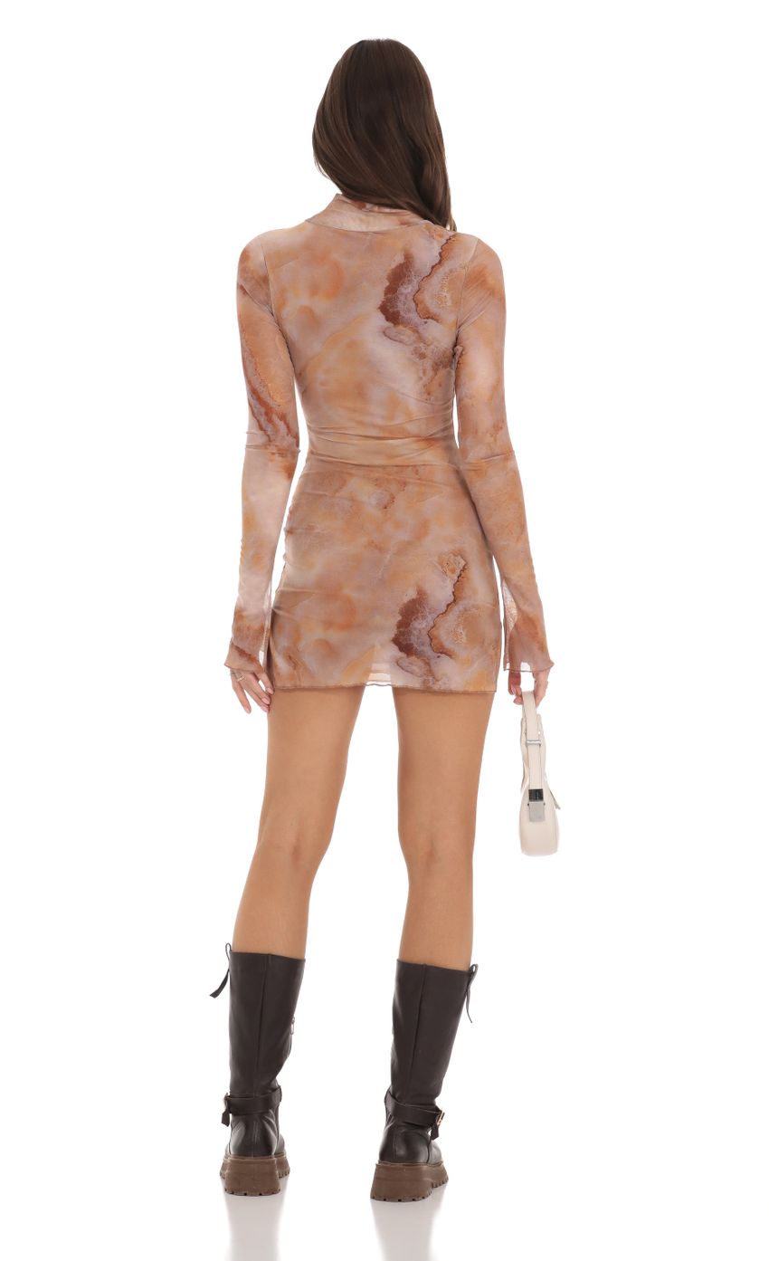 Picture Mesh Mock Neck Swirl Dress in Brown. Source: https://media-img.lucyinthesky.com/data/Nov23/850xAUTO/5d0c0c86-2e6b-43e5-81ea-a62c662dbab4.jpg