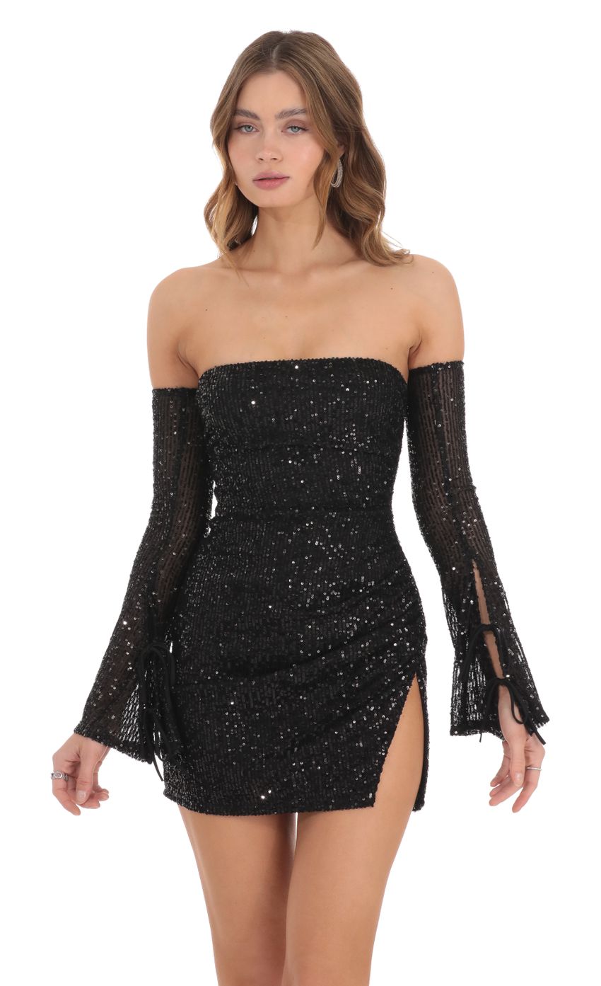 Picture Sequin Bell Sleeve Dress in Black. Source: https://media-img.lucyinthesky.com/data/Nov23/850xAUTO/61446fa4-5ccb-4ae3-9575-ad1ae5180a1f.jpg