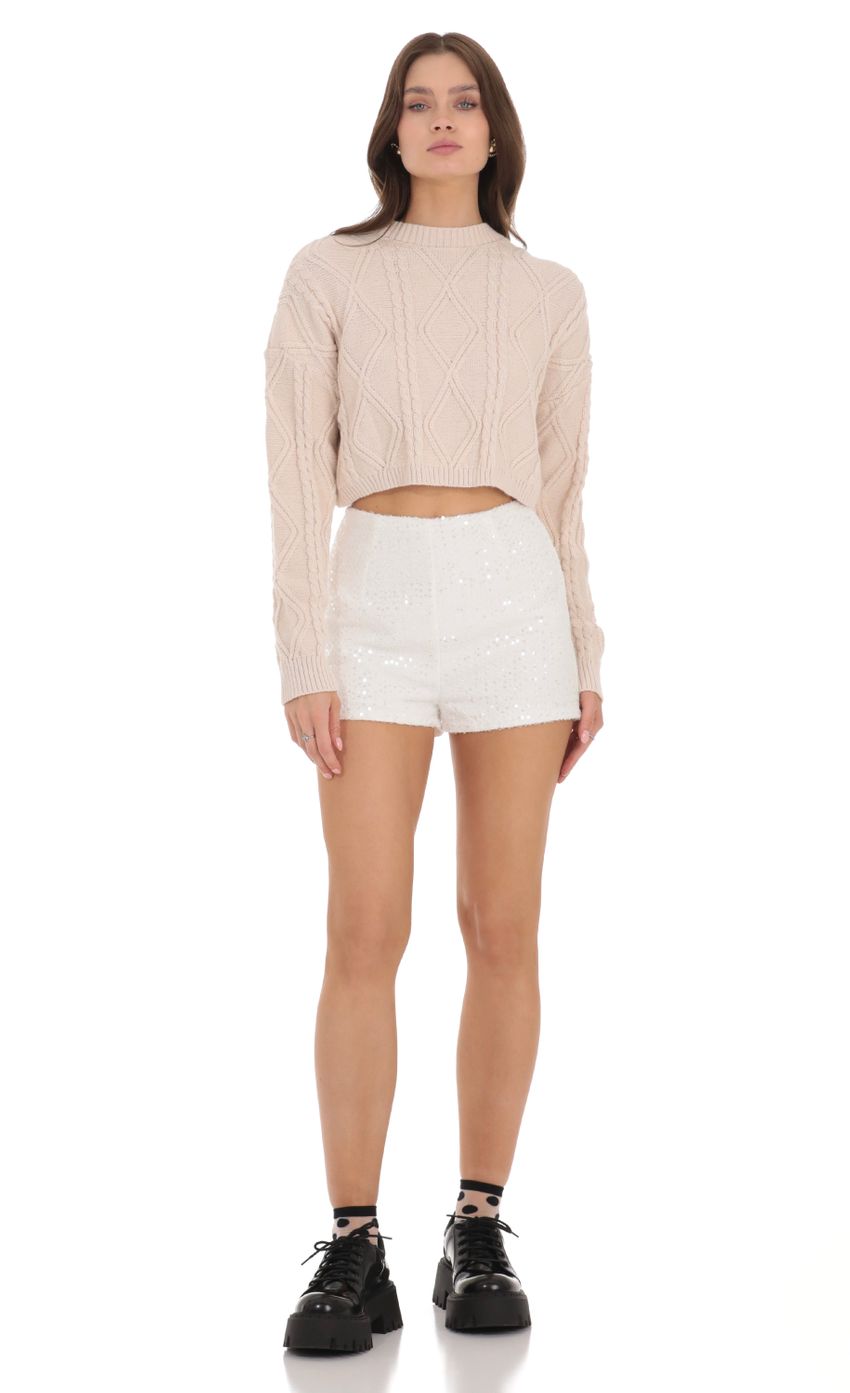Picture Sequin High Waisted Shorts in White. Source: https://media-img.lucyinthesky.com/data/Nov23/850xAUTO/66cd9135-7ff8-4b39-85d8-dbdd51b0249f.jpg