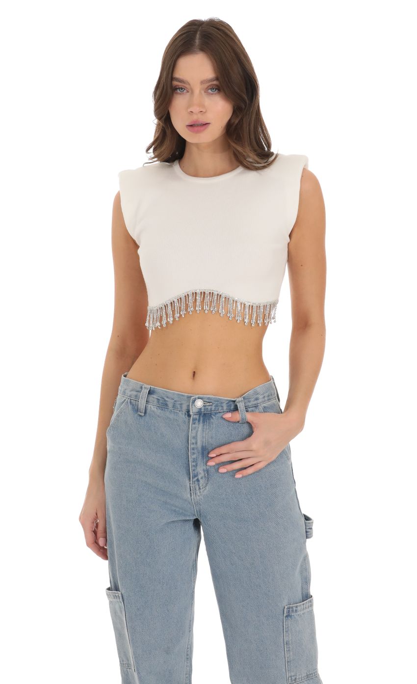 Picture Rhinestone Fringe Knit Top in White. Source: https://media-img.lucyinthesky.com/data/Nov23/850xAUTO/66d7ad4c-844a-49ef-9145-4165fac1aacc.jpg