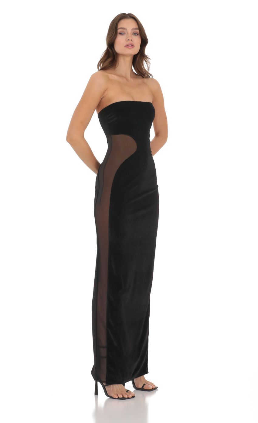 Picture Velvet Mesh Cutout Strapless Dress in Black. Source: https://media-img.lucyinthesky.com/data/Nov23/850xAUTO/673cc660-8017-4951-b534-3c595c846139.jpg