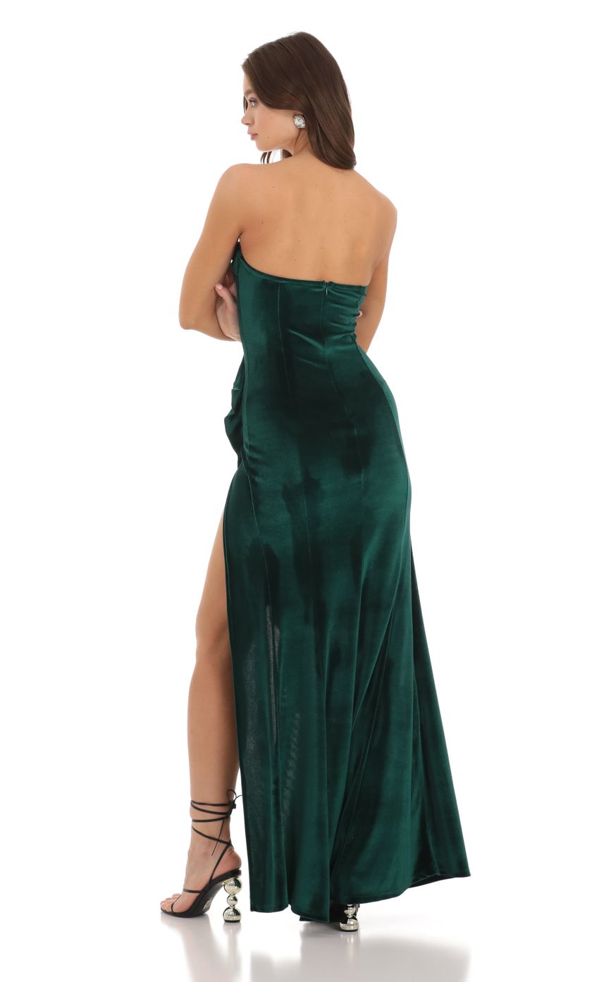 Picture Ruffle Strapless Velvet Dress in Green. Source: https://media-img.lucyinthesky.com/data/Nov23/850xAUTO/68ee37c6-c557-4fb1-82eb-5c64ecf30e93.jpg