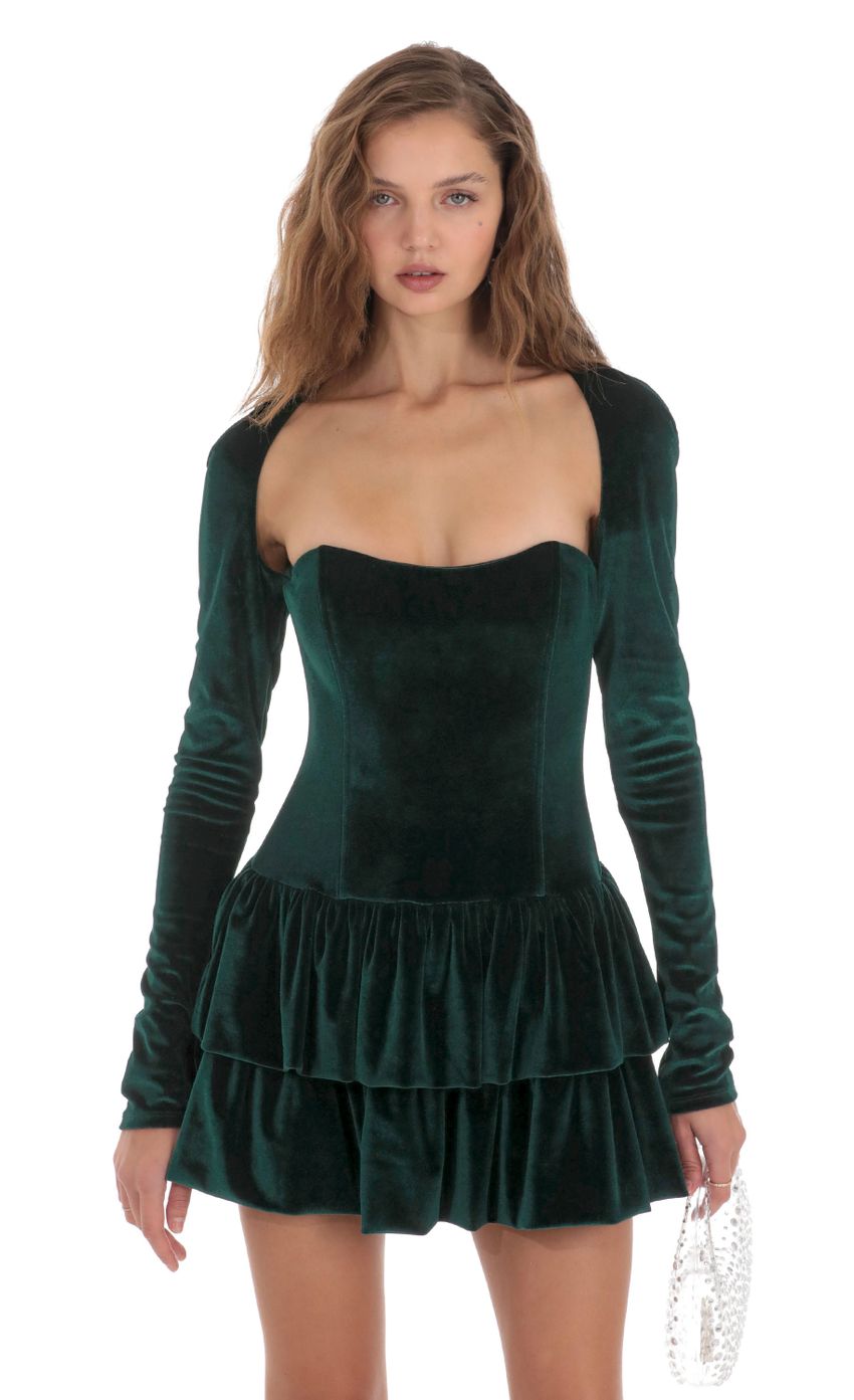 Picture Velvet Corset Long Sleeve Dress in Green. Source: https://media-img.lucyinthesky.com/data/Nov23/850xAUTO/69262159-74cb-44e2-b263-09ec6fcf5f10.jpg
