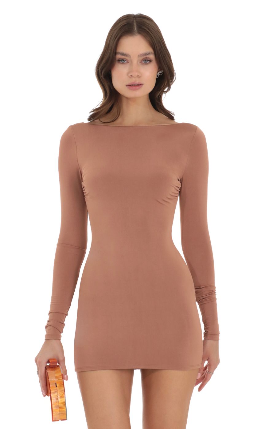 Picture Cerelia Open Back Dress in Light Brown. Source: https://media-img.lucyinthesky.com/data/Nov23/850xAUTO/6ce26086-85cf-47ab-b01b-23bdeaeb7691.jpg