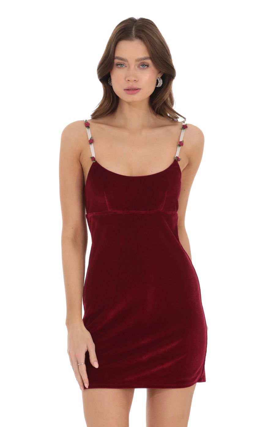 Picture Velvet Rose Strap Bodycon Dress in Red. Source: https://media-img.lucyinthesky.com/data/Nov23/850xAUTO/6e19fc35-9cd5-4df1-b2fa-ed99845012ef.jpg