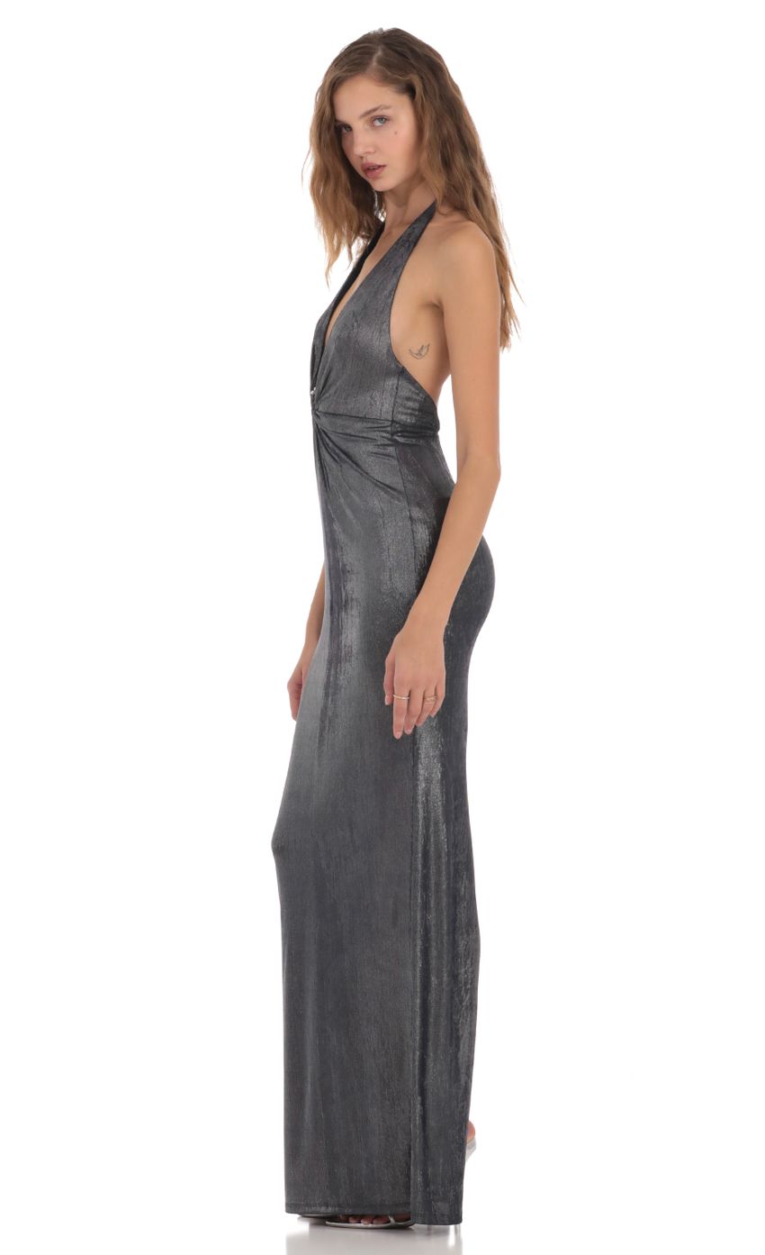 Picture Metallic Plunge Neck Dress in Navy. Source: https://media-img.lucyinthesky.com/data/Nov23/850xAUTO/6e3ad50e-a89e-4235-831f-9be85cec7bc1.jpg