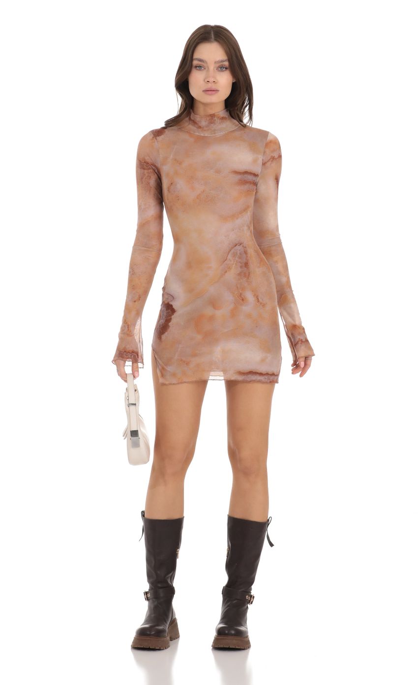 Picture Mesh Mock Neck Swirl Dress in Brown. Source: https://media-img.lucyinthesky.com/data/Nov23/850xAUTO/707f3814-71e8-4605-8959-5fa7a0e57173.jpg