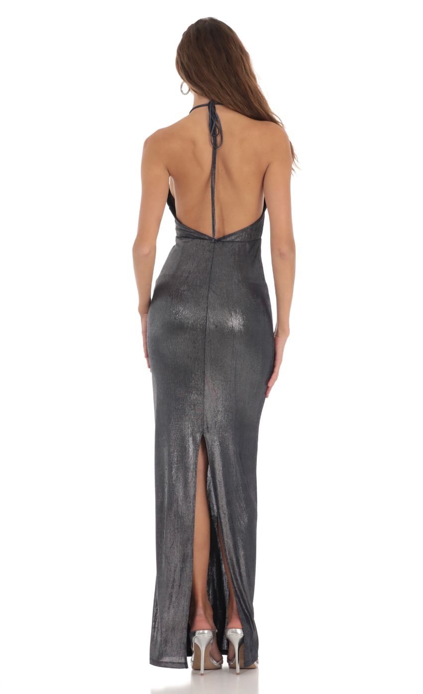 Picture Metallic Plunge Neck Dress in Navy. Source: https://media-img.lucyinthesky.com/data/Nov23/850xAUTO/72300f88-e1ce-4736-9ff2-bfda7090ff61.jpg