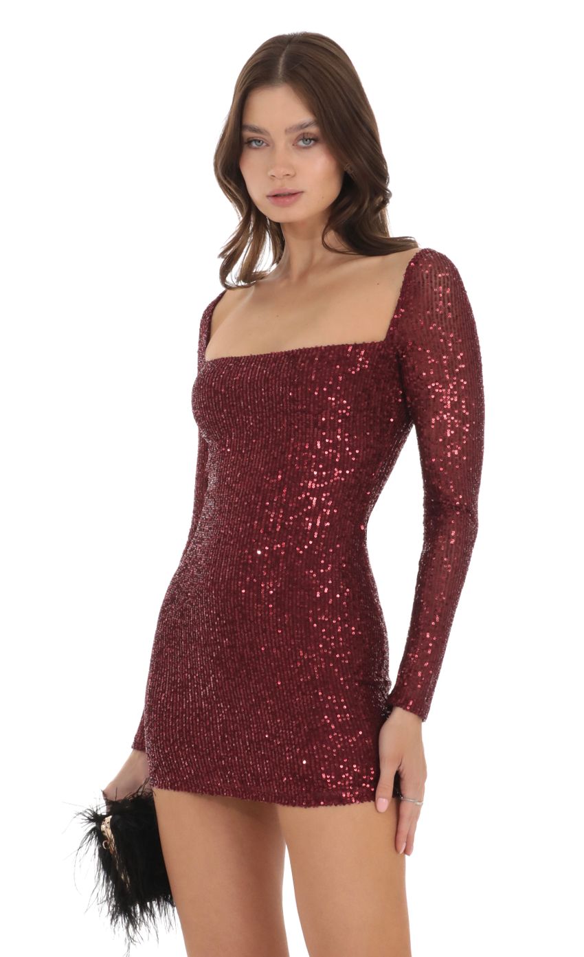 Picture Sequin Long Sleeve Dress in Maroon. Source: https://media-img.lucyinthesky.com/data/Nov23/850xAUTO/756813fb-c06a-470a-bca0-7f3853b04400.jpg