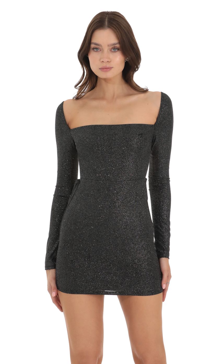 Picture Shimmer Long Sleeve Open Back Bodycon Dress in Black. Source: https://media-img.lucyinthesky.com/data/Nov23/850xAUTO/76bc961e-2770-433f-93c4-17a6f415bd68.jpg