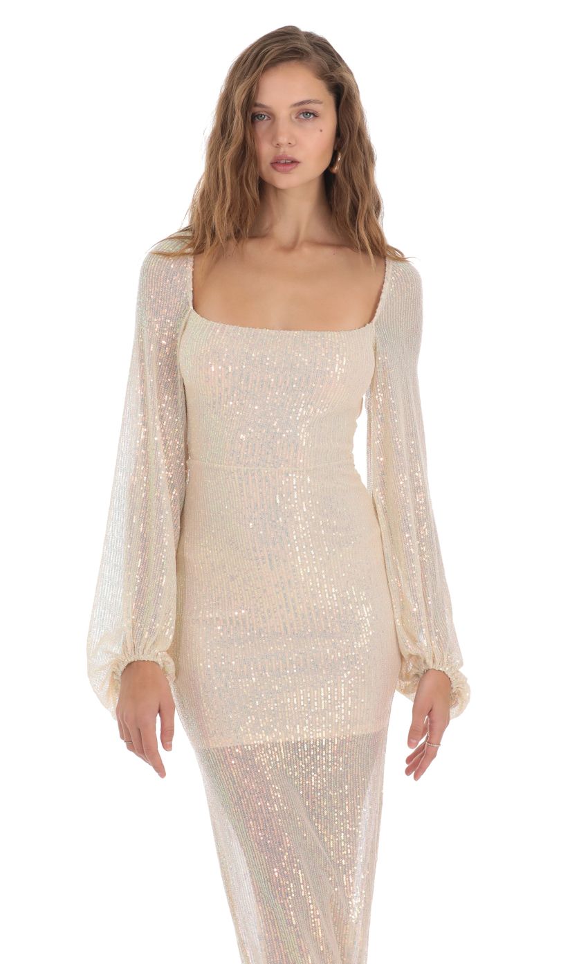 Picture Tiarra Iridescent Sequin Long Sleeve Dress in Champagne. Source: https://media-img.lucyinthesky.com/data/Nov23/850xAUTO/81e09c45-6f0d-4b04-980f-a071cf57e6c8.jpg