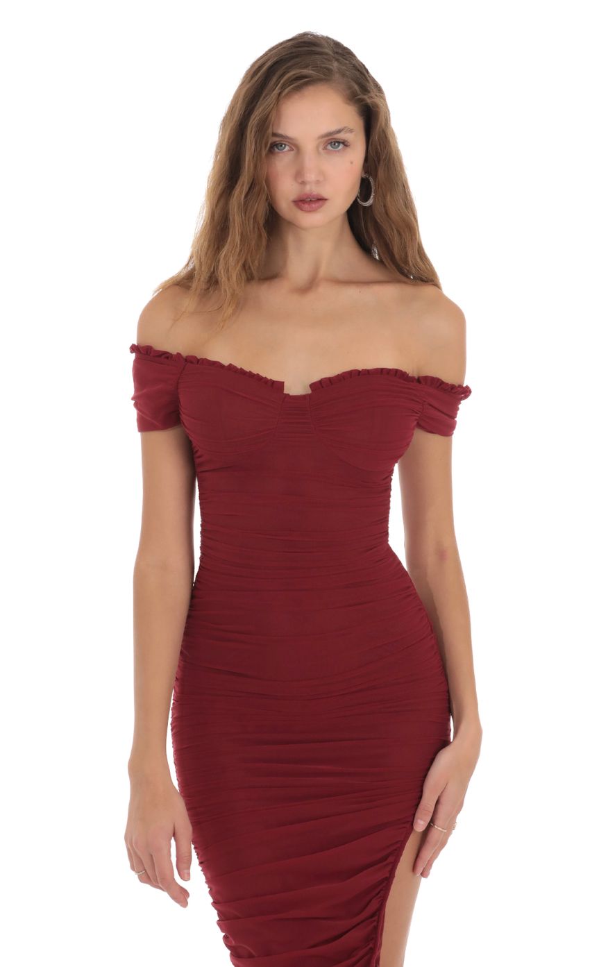 Picture Mesh Off Shoulder Dress in Burgundy. Source: https://media-img.lucyinthesky.com/data/Nov23/850xAUTO/821ea929-afce-4c95-a357-48ed0b29dcd7.jpg