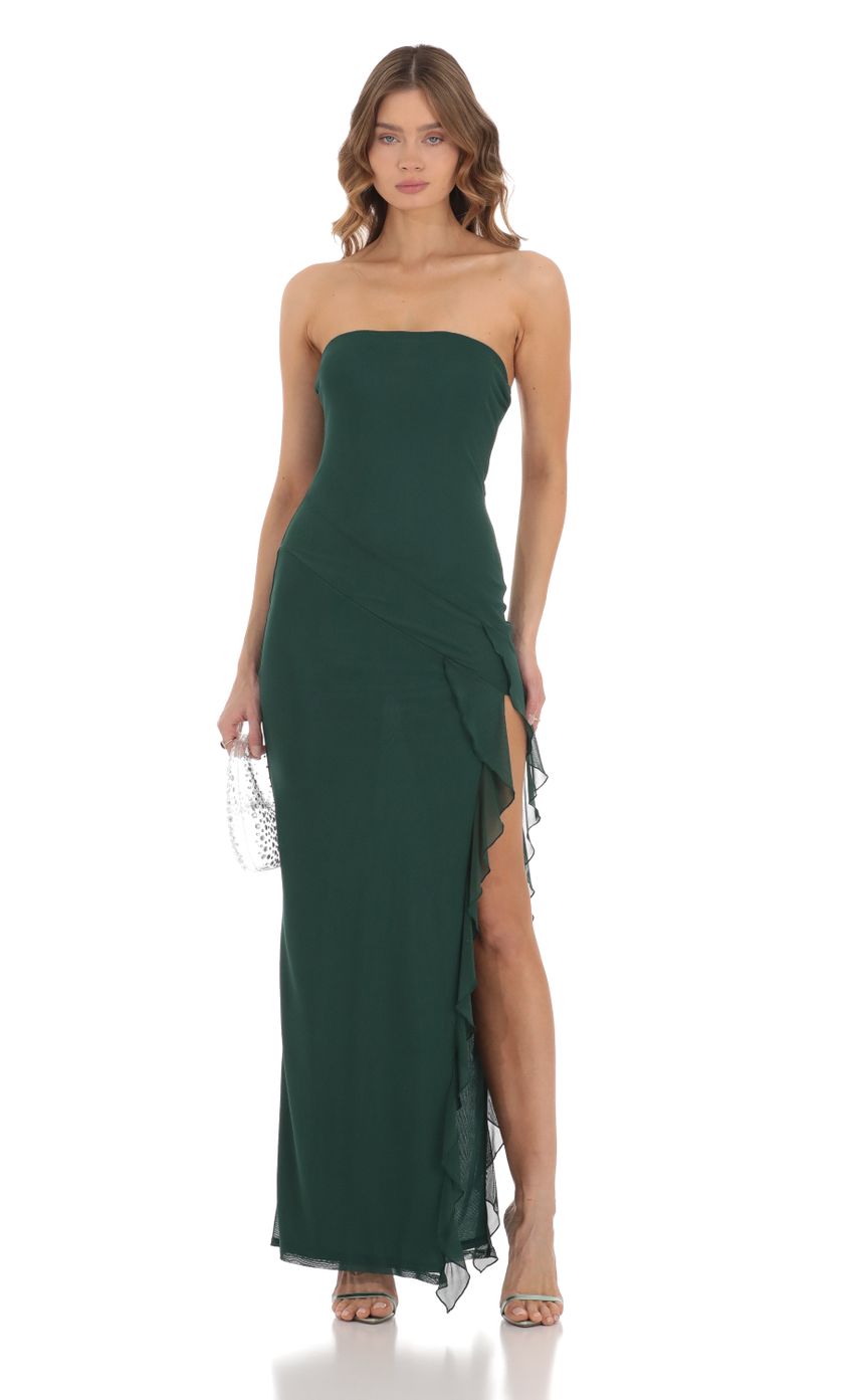 Mesh Ruffle Slit Dress in Green | LUCY IN THE SKY