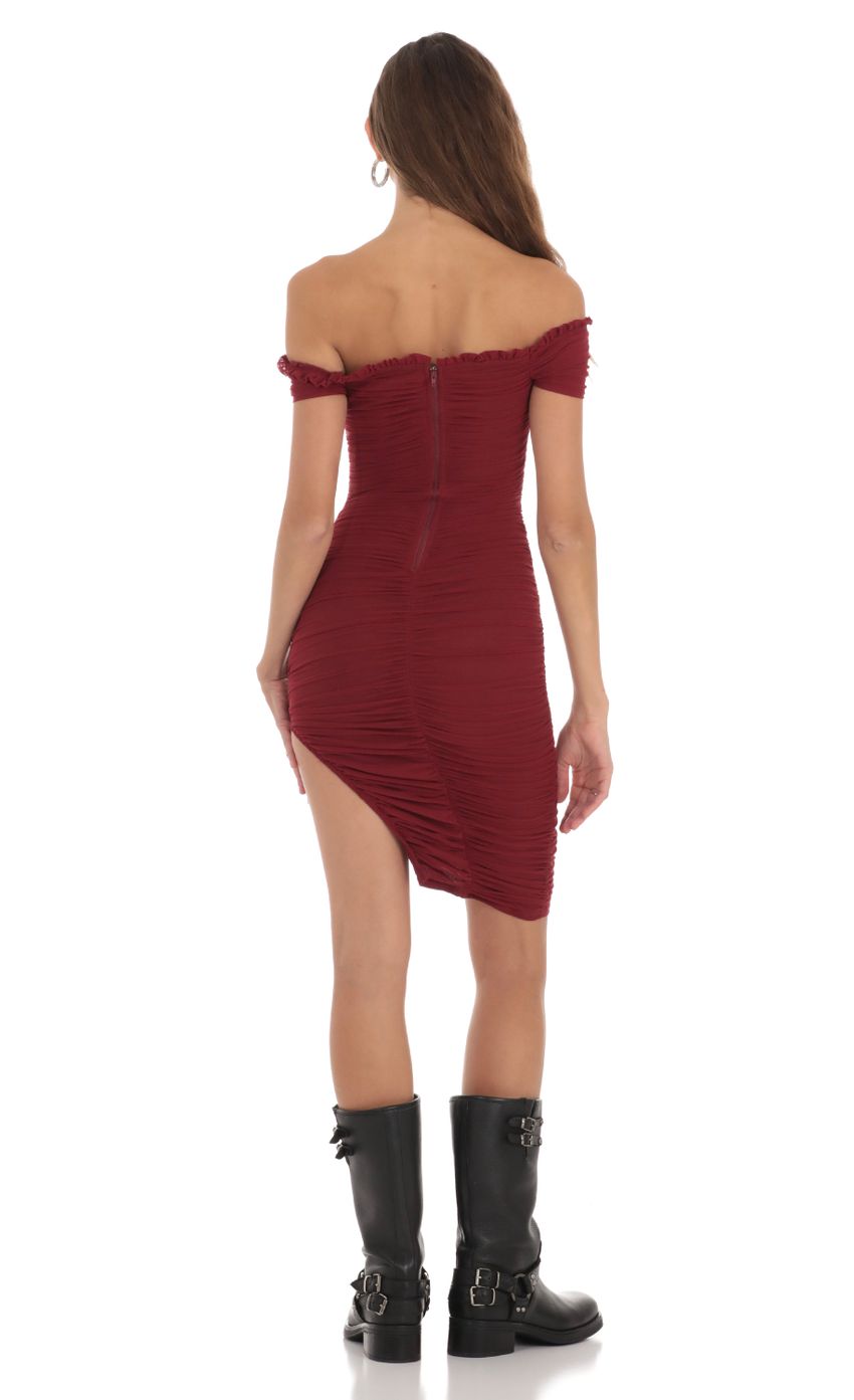 Picture Mesh Off Shoulder Dress in Burgundy. Source: https://media-img.lucyinthesky.com/data/Nov23/850xAUTO/8f482414-5ed8-4b06-81f1-257c61aaeabc.jpg