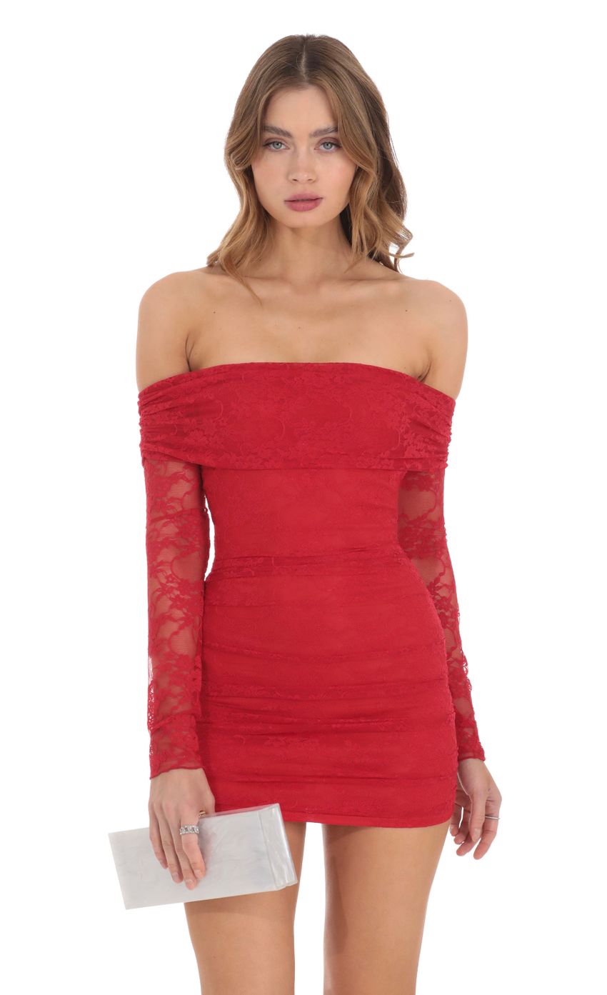 Picture Off Shoulder Long Sleeve Lace Dress in Red. Source: https://media-img.lucyinthesky.com/data/Nov23/850xAUTO/90c6b301-9dc8-4159-aba7-e6261dc75af9.jpg