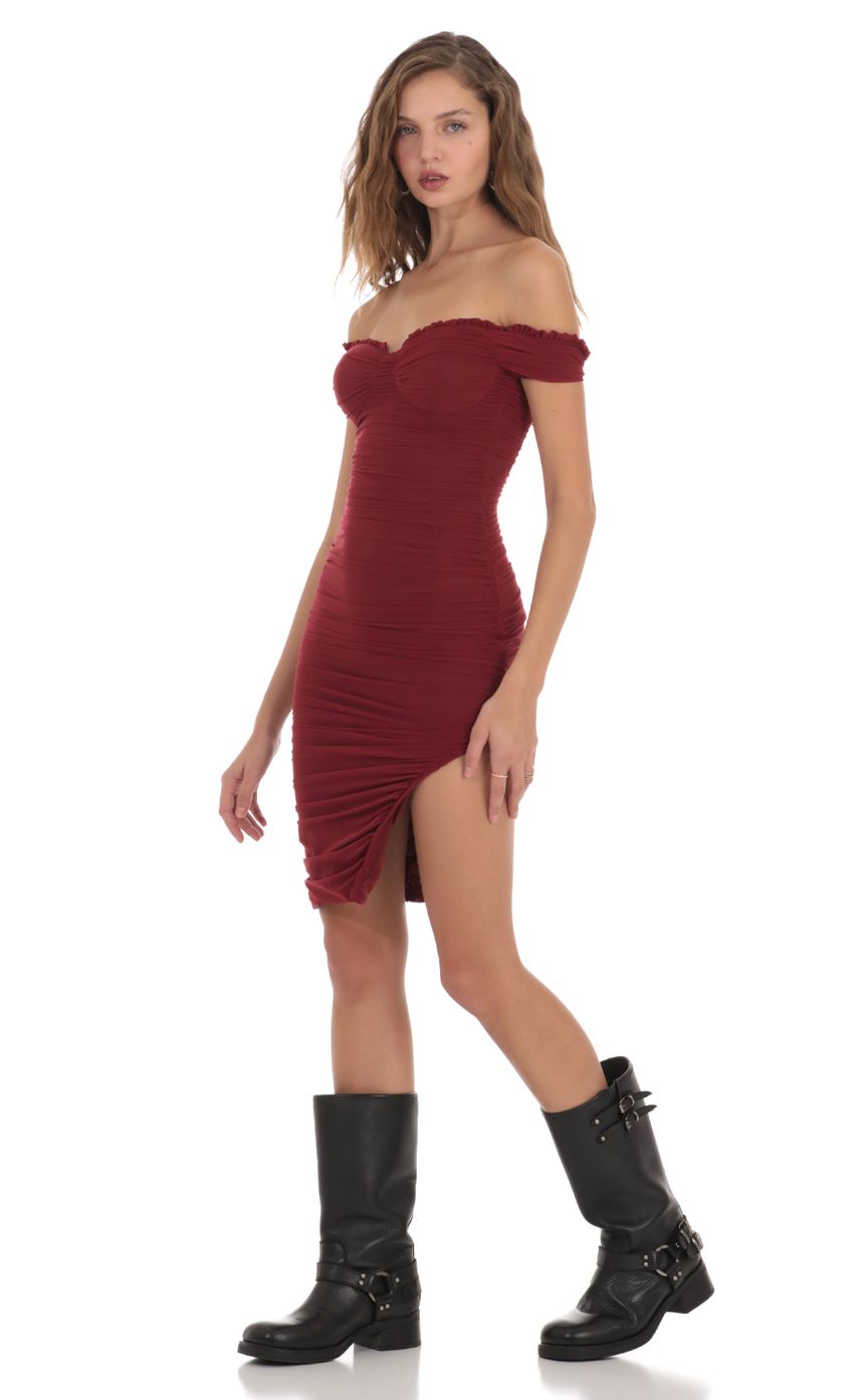 Picture Mesh Off Shoulder Dress in Burgundy. Source: https://media-img.lucyinthesky.com/data/Nov23/850xAUTO/90dc3210-7baf-40e3-a8a2-267447e84c60.jpg