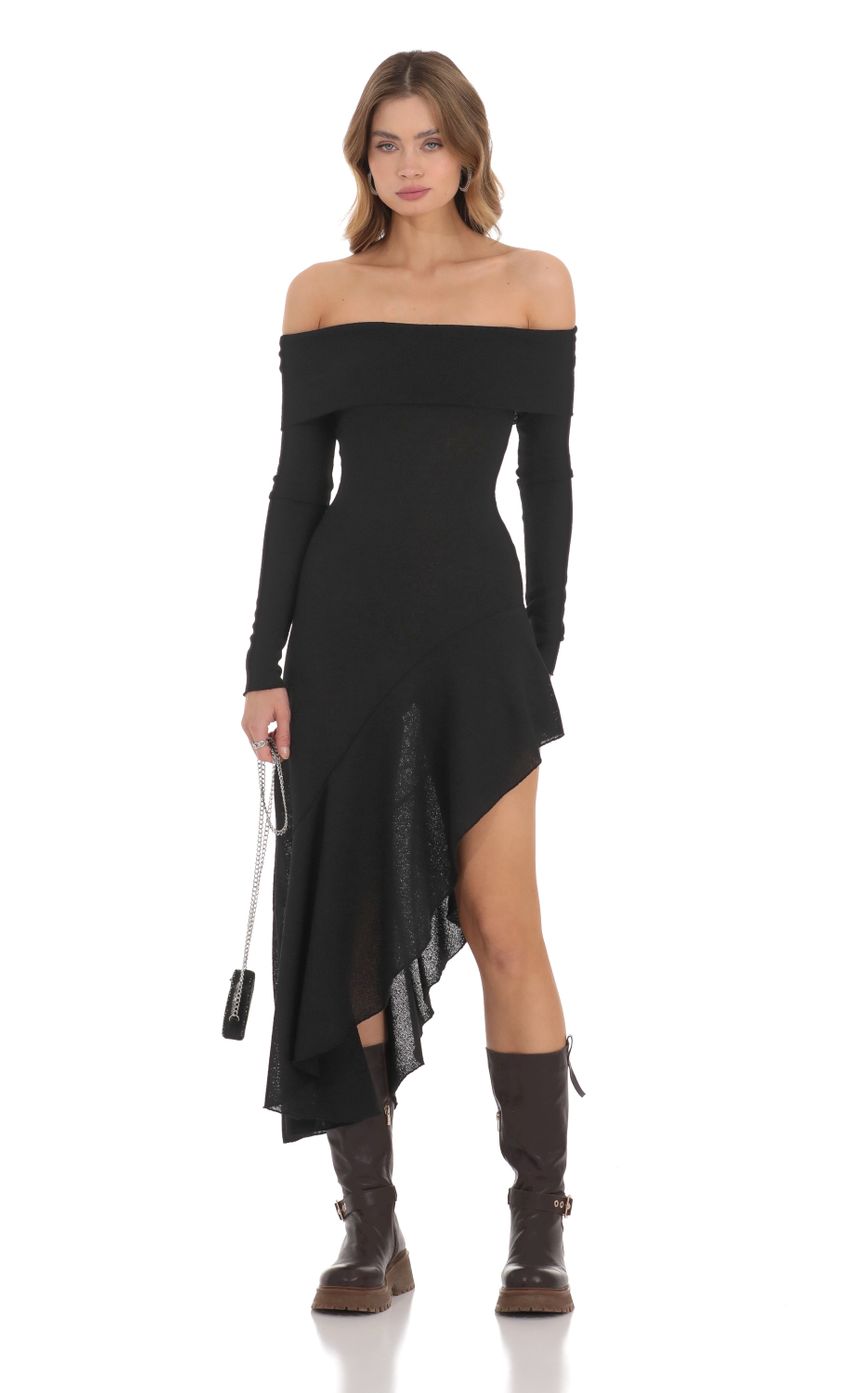 Picture Knitted Off Shoulder Dress in Black. Source: https://media-img.lucyinthesky.com/data/Nov23/850xAUTO/93045ec7-2fae-46ee-9a3e-61bc85fc7fcf.jpg