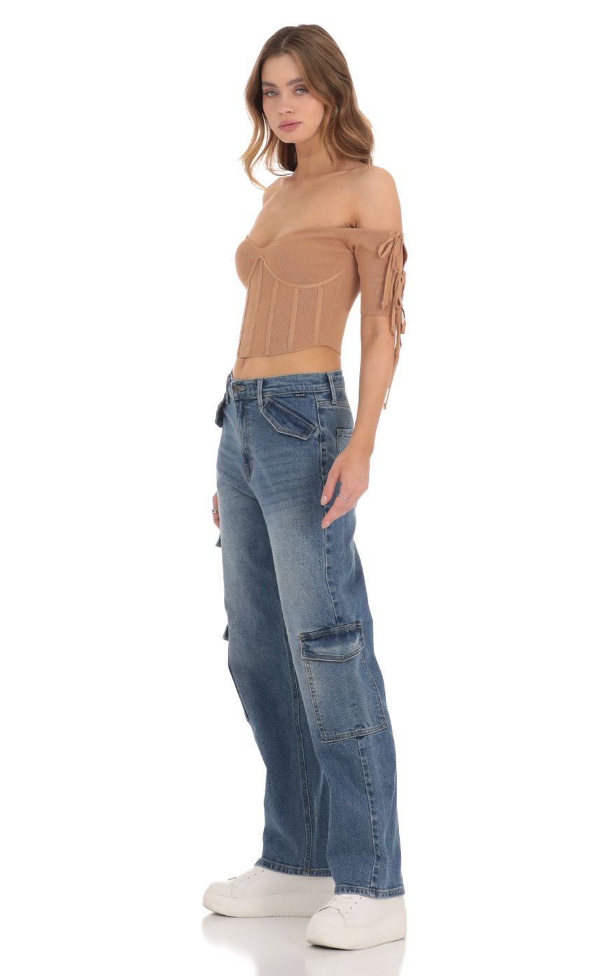 Picture Ribbed Off Shoulder Corset Top in Brown. Source: https://media-img.lucyinthesky.com/data/Nov23/850xAUTO/9741f504-56b5-4ba8-bc88-423e0d419bf9.jpg