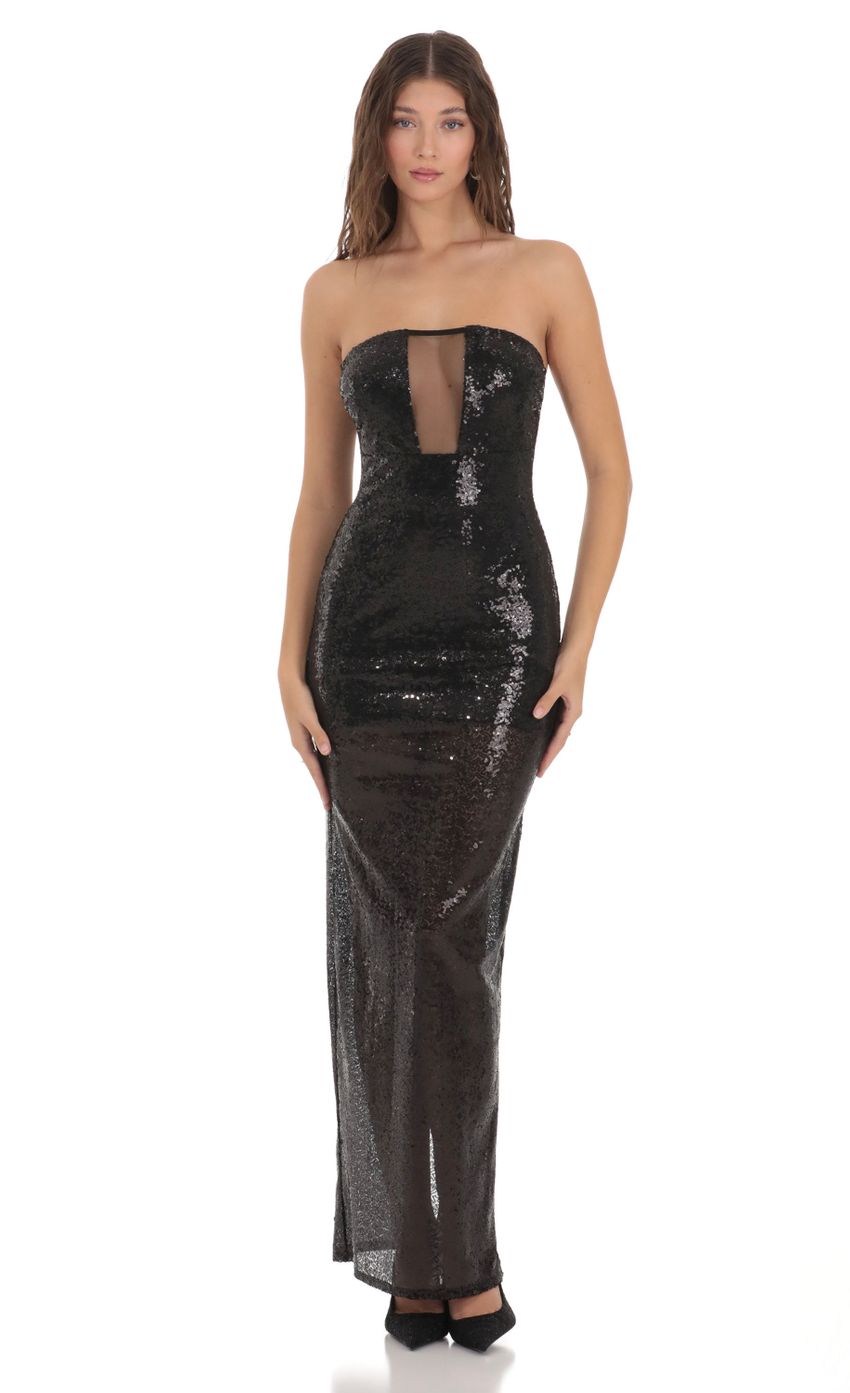 Picture Mesh Cutout Sequin Strapless Dress in Black. Source: https://media-img.lucyinthesky.com/data/Nov23/850xAUTO/97742f7a-5226-46f7-bf7f-3fab177d0b29.jpg