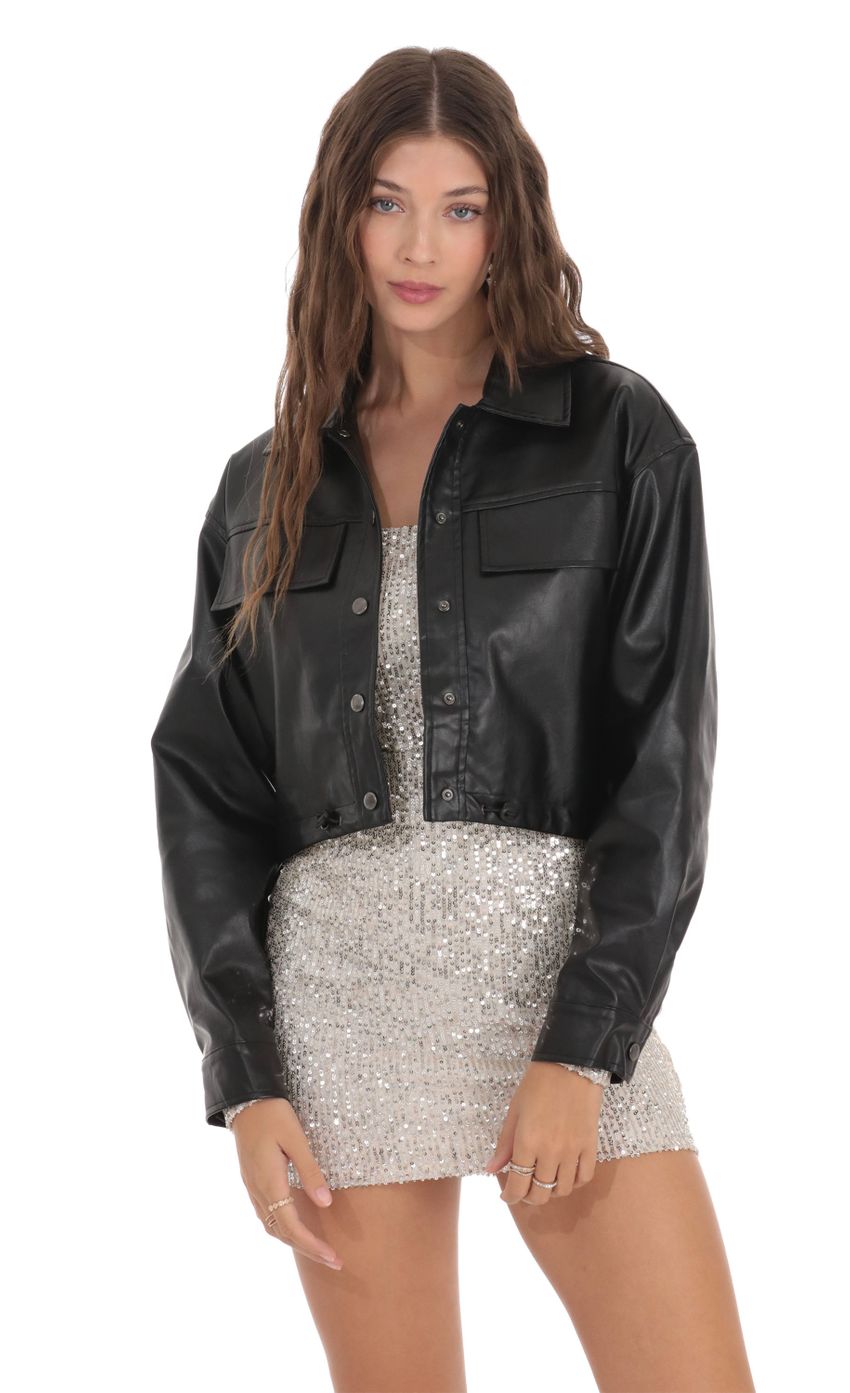 Product image for Cropped Leather Jacket Top in Black