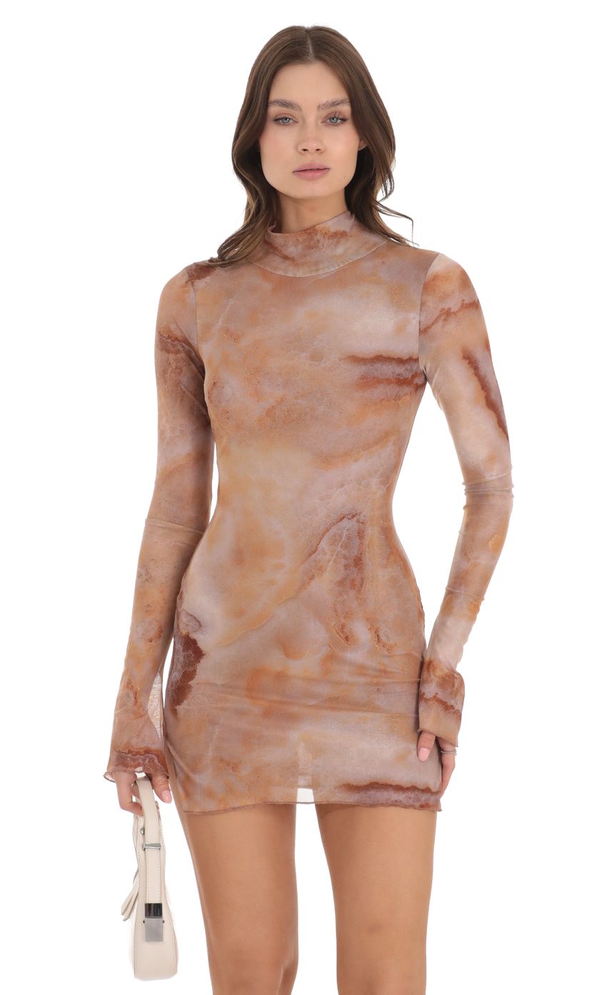Picture Mesh Mock Neck Swirl Dress in Brown. Source: https://media-img.lucyinthesky.com/data/Nov23/850xAUTO/a0430dd9-6b30-4a33-9d07-d80838b551e3.jpg