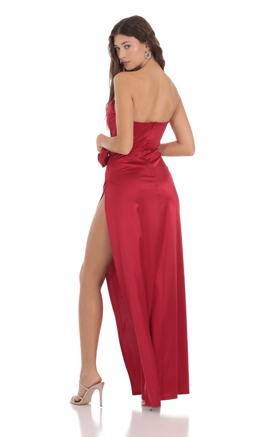 Picture Flower Satin Draped Strapless Maxi Dress in Red. Source: https://media-img.lucyinthesky.com/data/Nov23/850xAUTO/a913fb57-842c-4ad9-9399-07b7fe428662.jpg