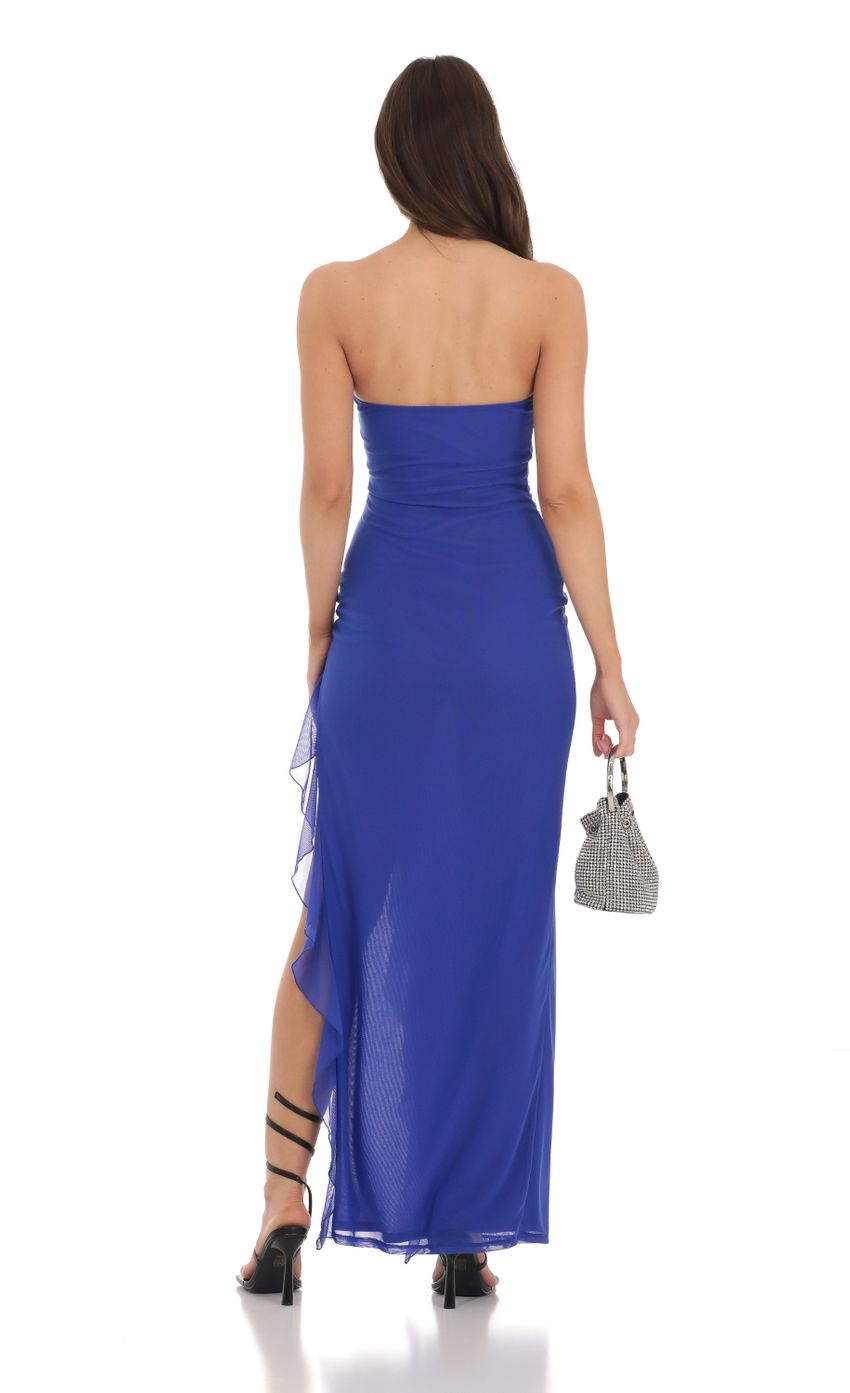 Picture Strapless Mesh Ruffle Slit Dress in Royal Blue. Source: https://media-img.lucyinthesky.com/data/Nov23/850xAUTO/acfc1ec0-de95-4b98-90a3-4005180780eb.jpg