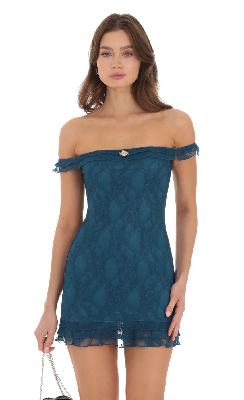 Picture Off Shoulder Lace Bodycon Dress in Blue. Source: https://media-img.lucyinthesky.com/data/Nov23/850xAUTO/acff20bf-a35f-4a12-8013-2edc08f77bba.jpg